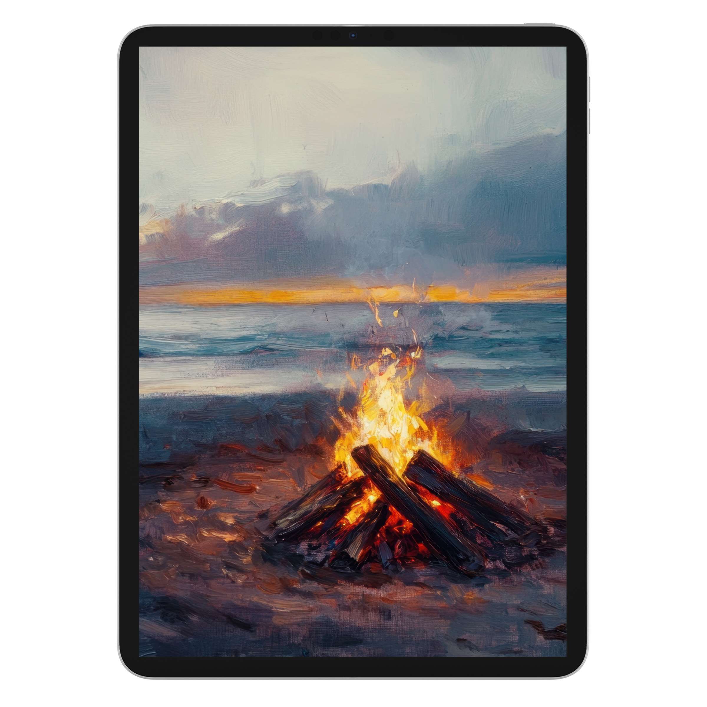 Coastal iPad wallpaper digital download captures a serene sunset and campfire, perfect tablet background adding warmth to any screen