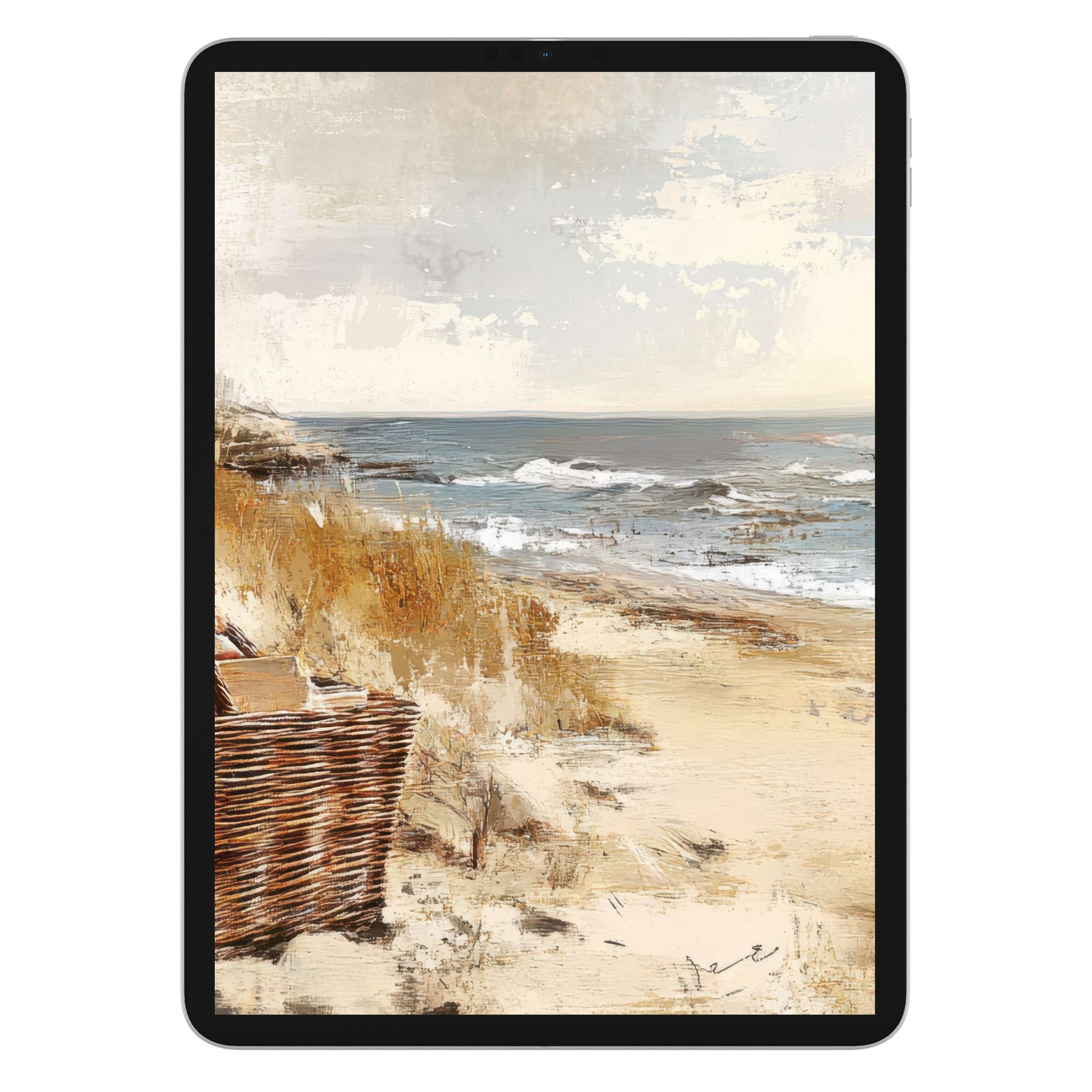 Coastal iPad wallpaper showcasing serene beach scene in soft pastels, perfect digital download background for any tablet device