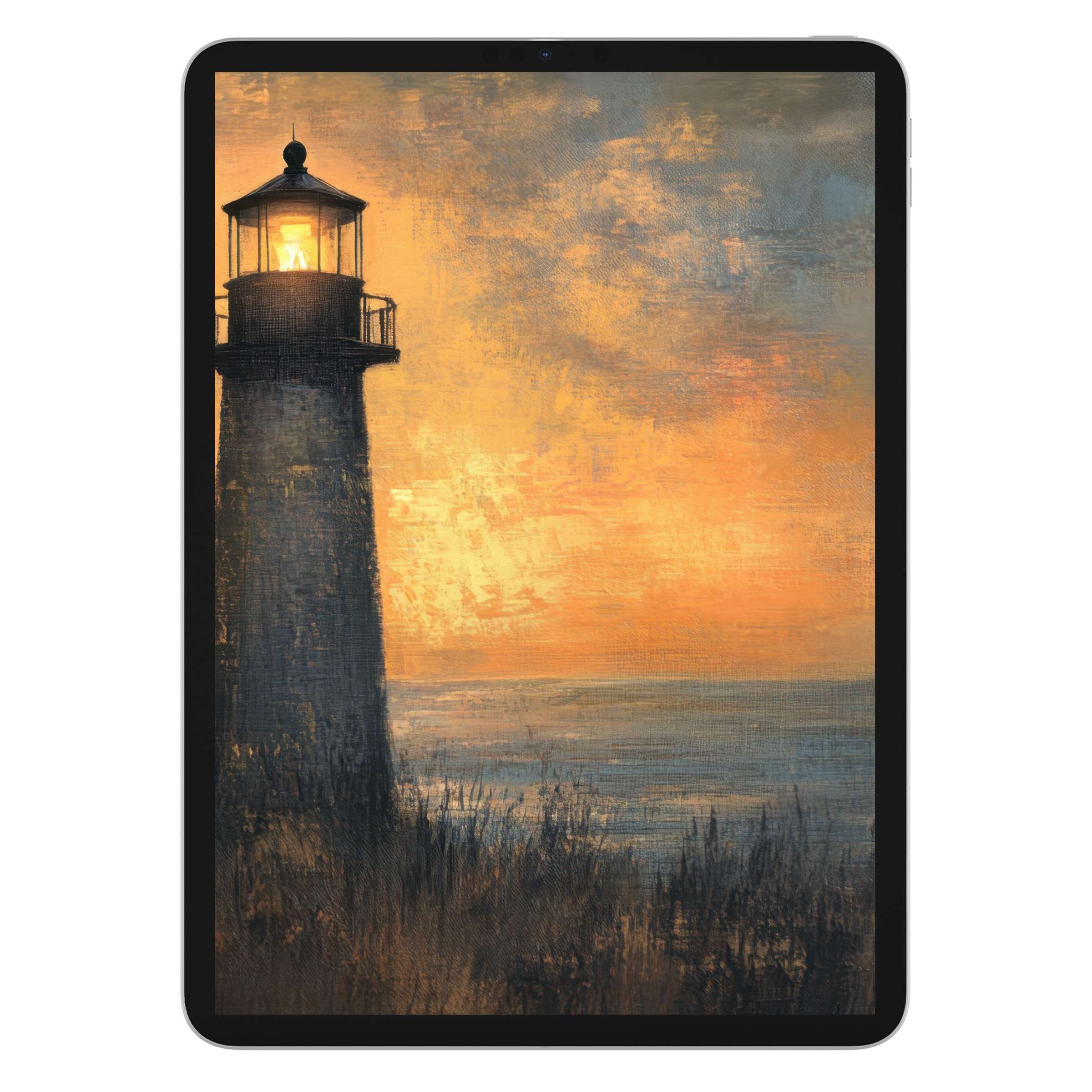 Coastal iPad wallpaper featuring an impressionistic lighthouse sunset, perfect digital download for calming tablet backgrounds and Android devices