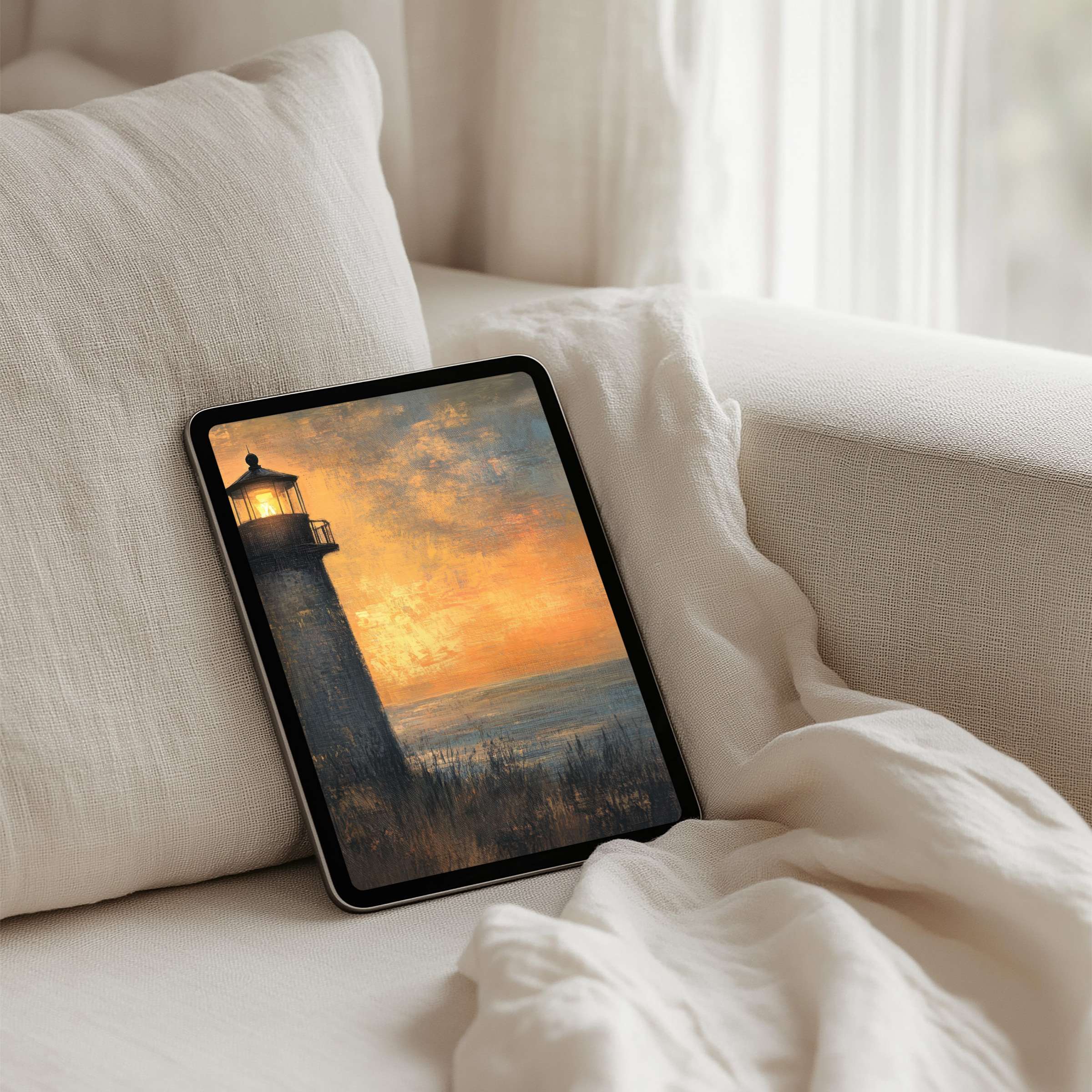 Elegant lighthouse sunset painting enhances your iPad background with calm inspiration in instant download for any tablet use