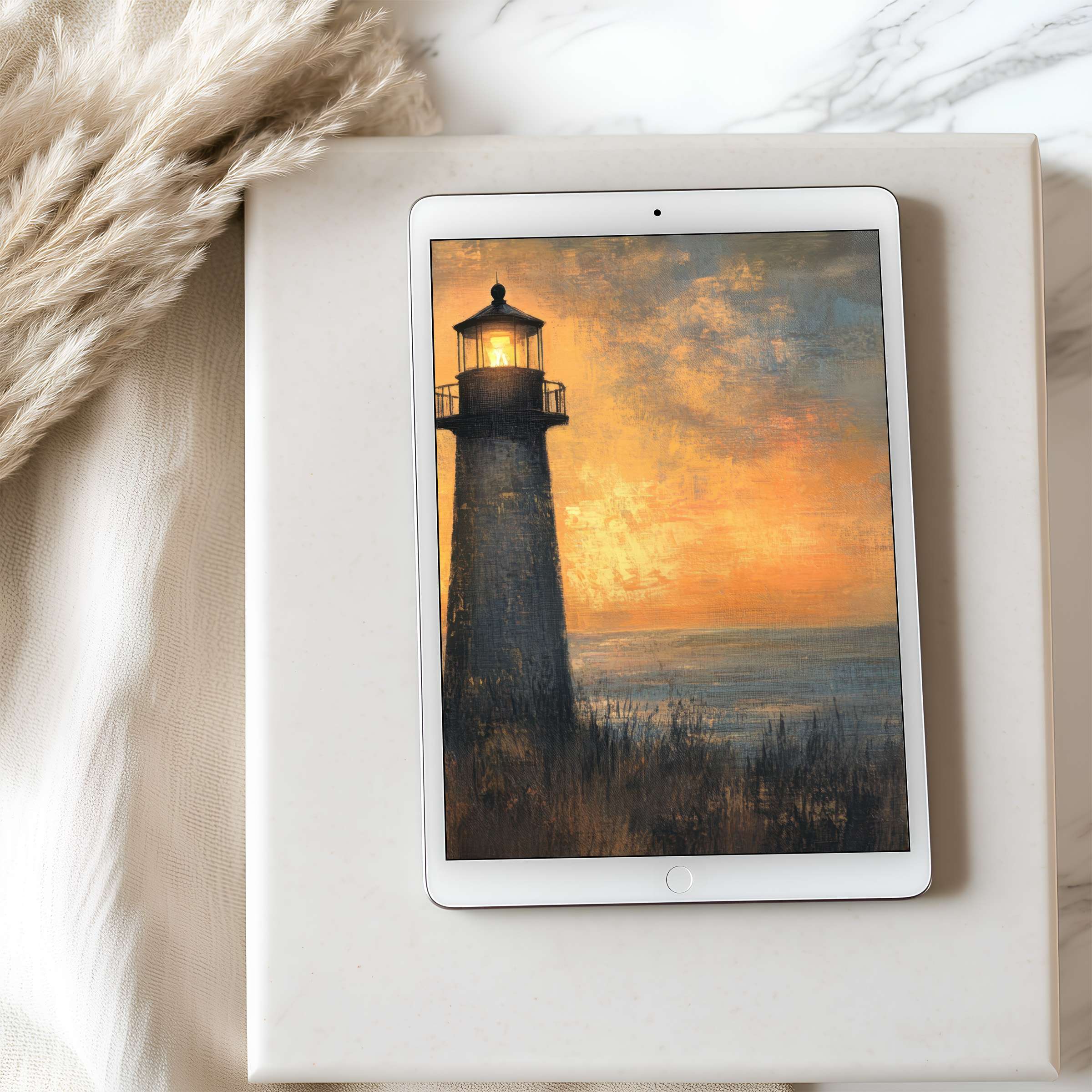 Elegant lighthouse sunset tablet wallpaper with warm hues inspires serenity, crafted for high-resolution iPad and Android downloads