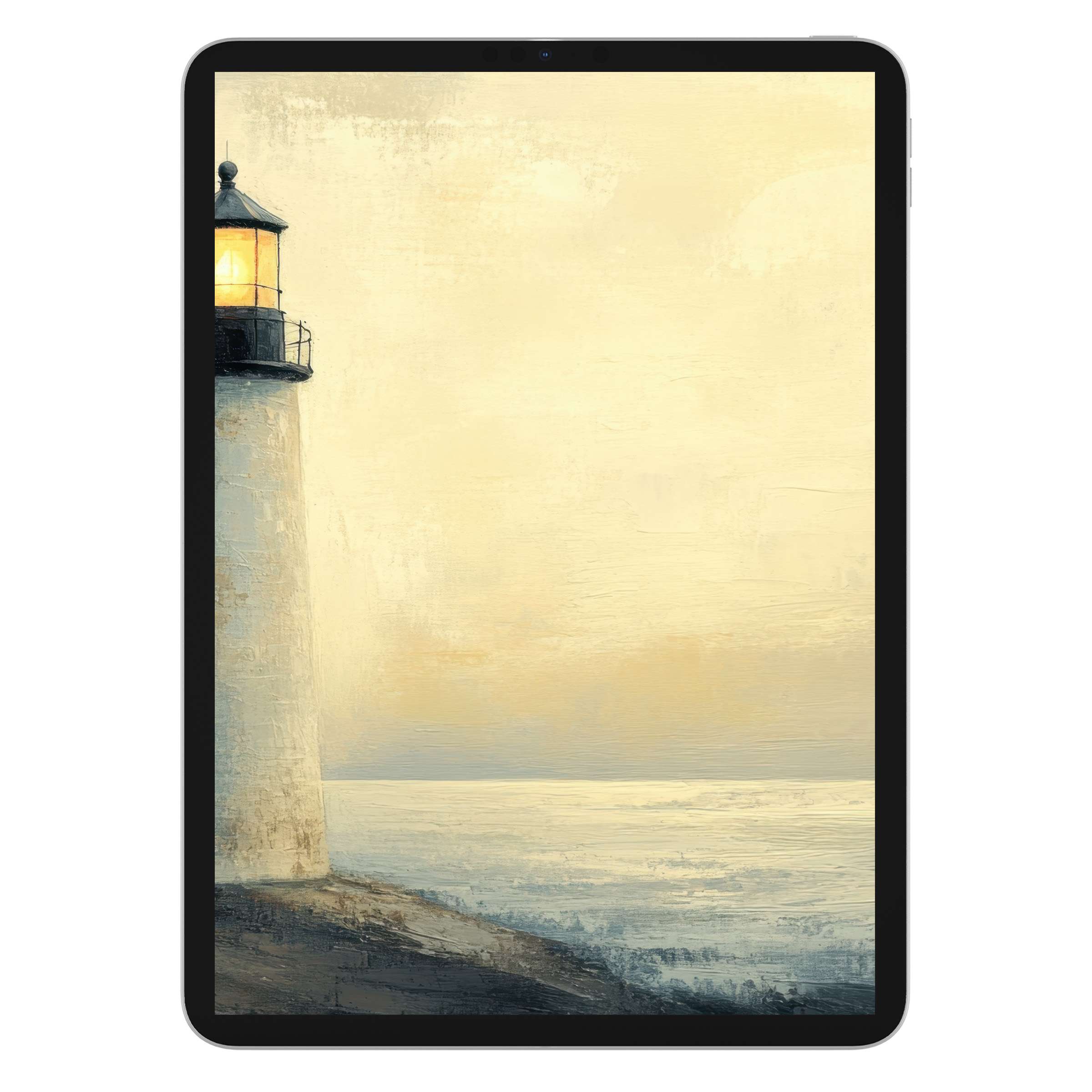 Serene coastal iPad wallpaper with a painted lighthouse offers a tranquil digital download for elegant tablet backgrounds