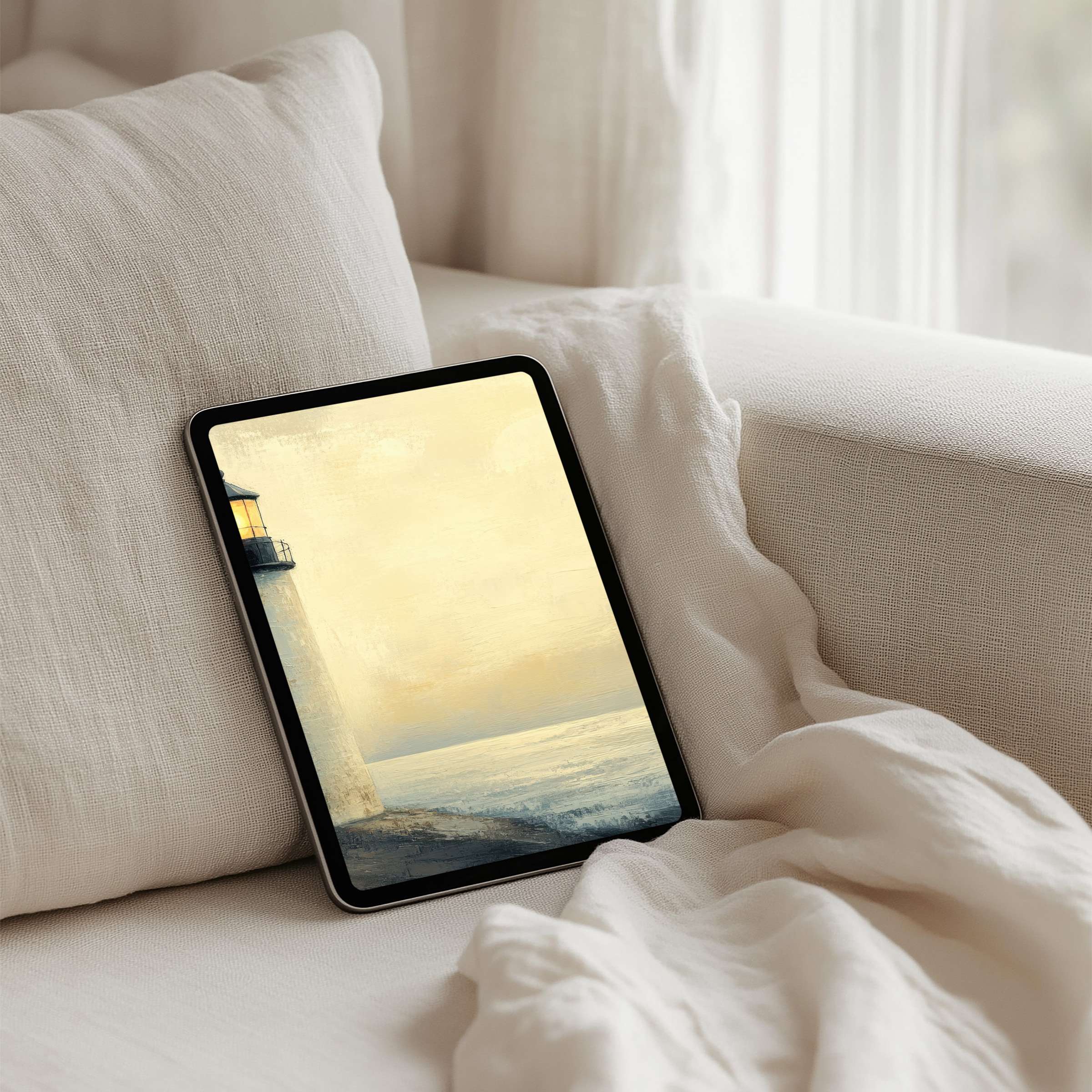 Elegant lighthouse iPad background for instant download, bringing calm and inspiration to your tablet with soothing coastal hues