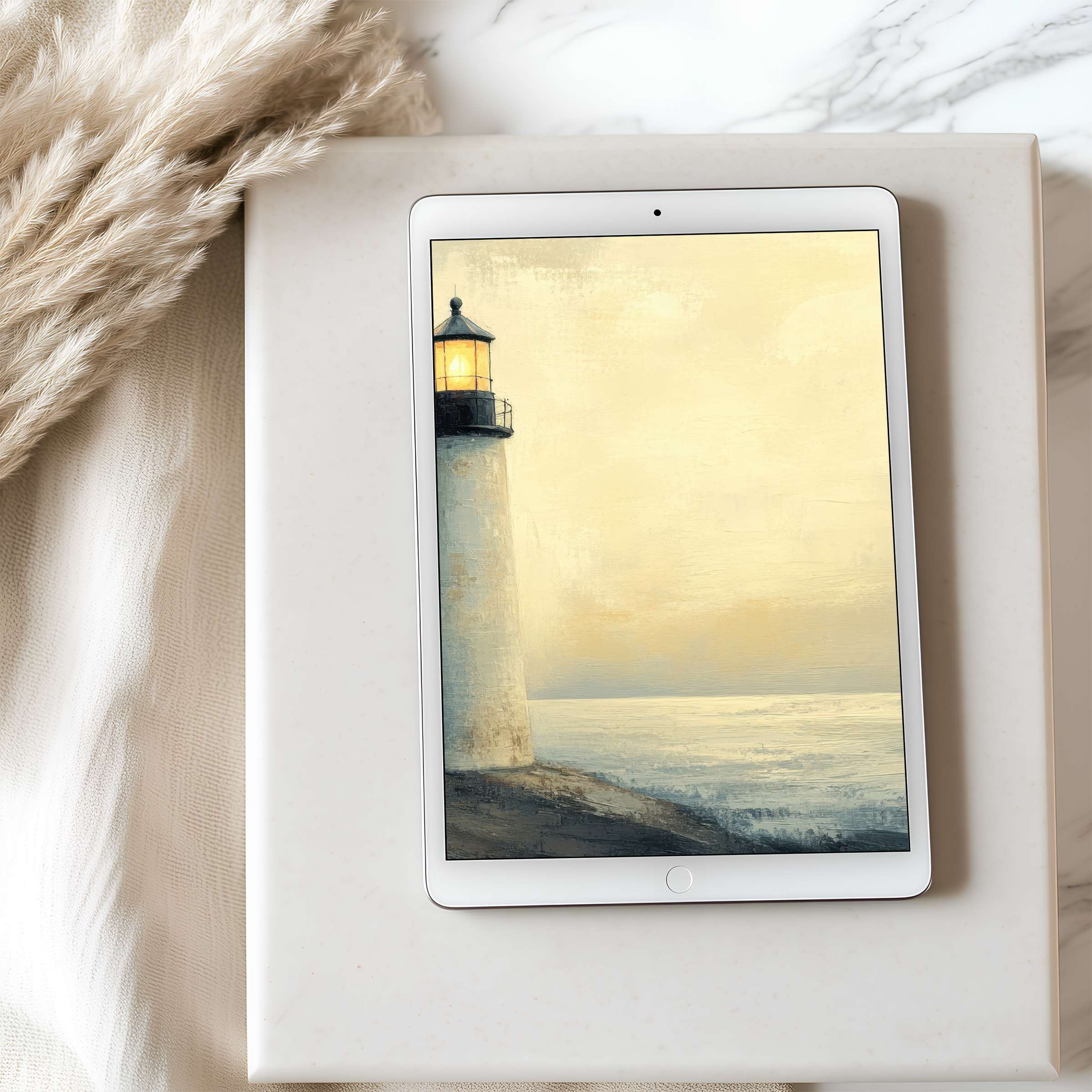 Elegant lighthouse tablet wallpaper in high resolution, perfect for iPad and Android tablets, offering serene digital download tranquility