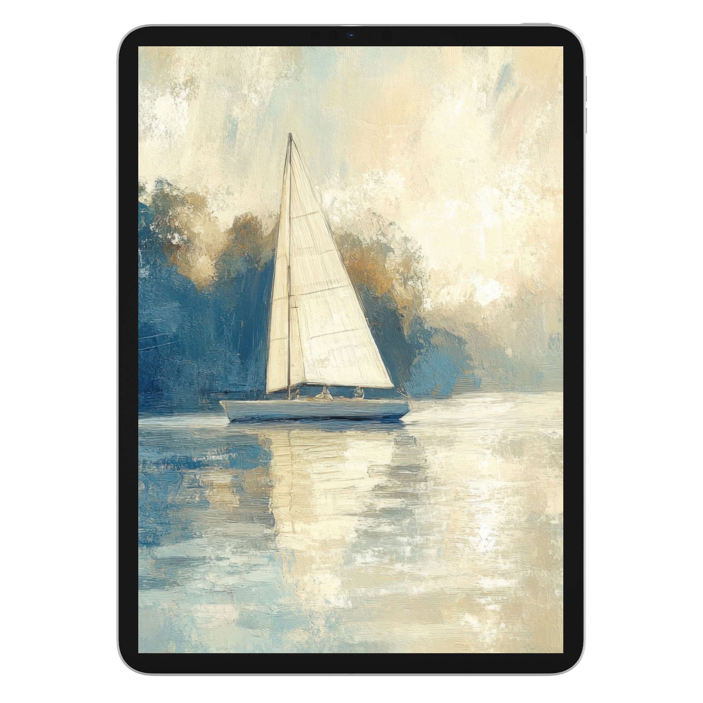 Elegant coastal iPad wallpaper featuring serene sailboat and textured water, ideal digital download for calming tablet background