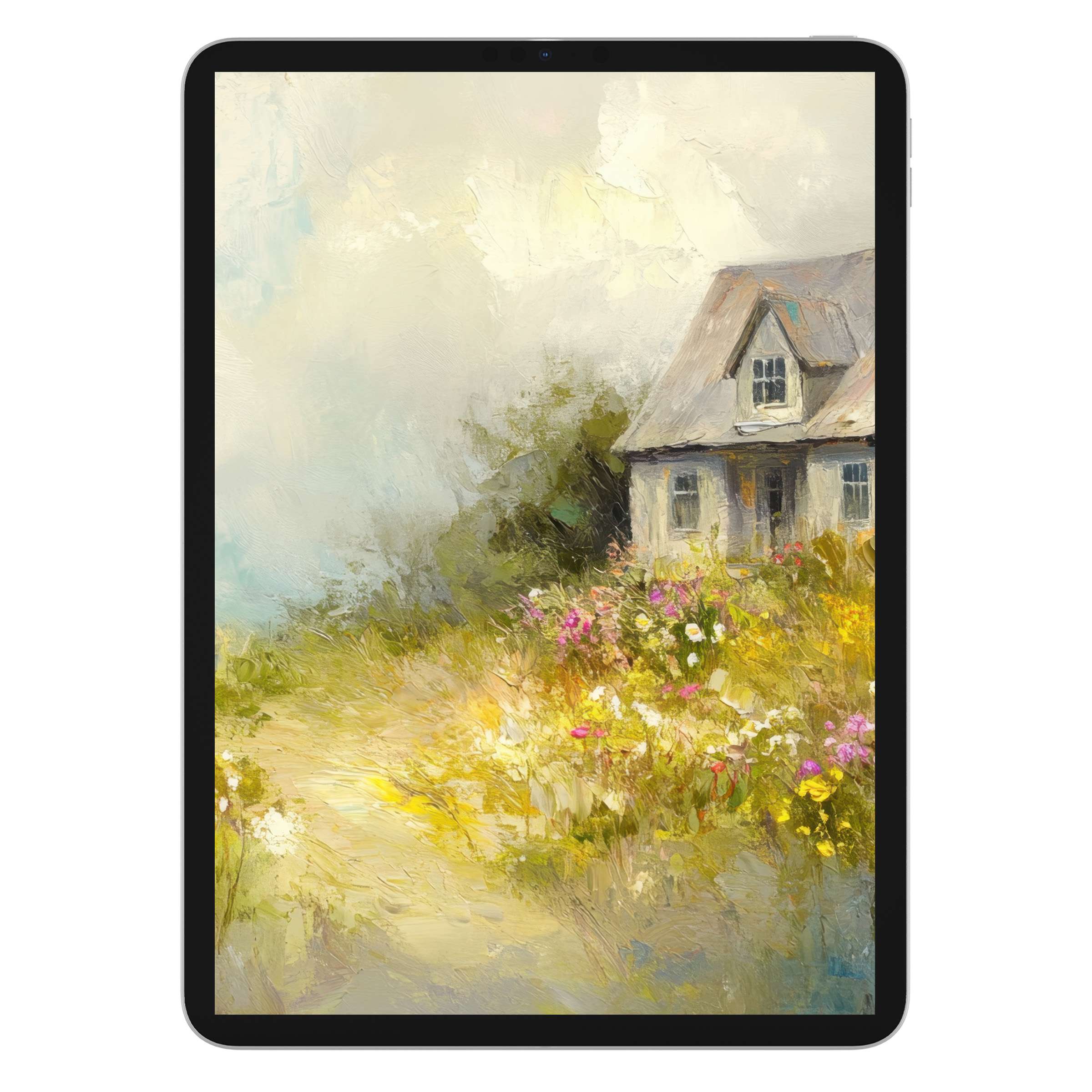 Charming coastal iPad wallpaper features a serene cottage with wildflowers; an elegant digital download for tablets as a calm background