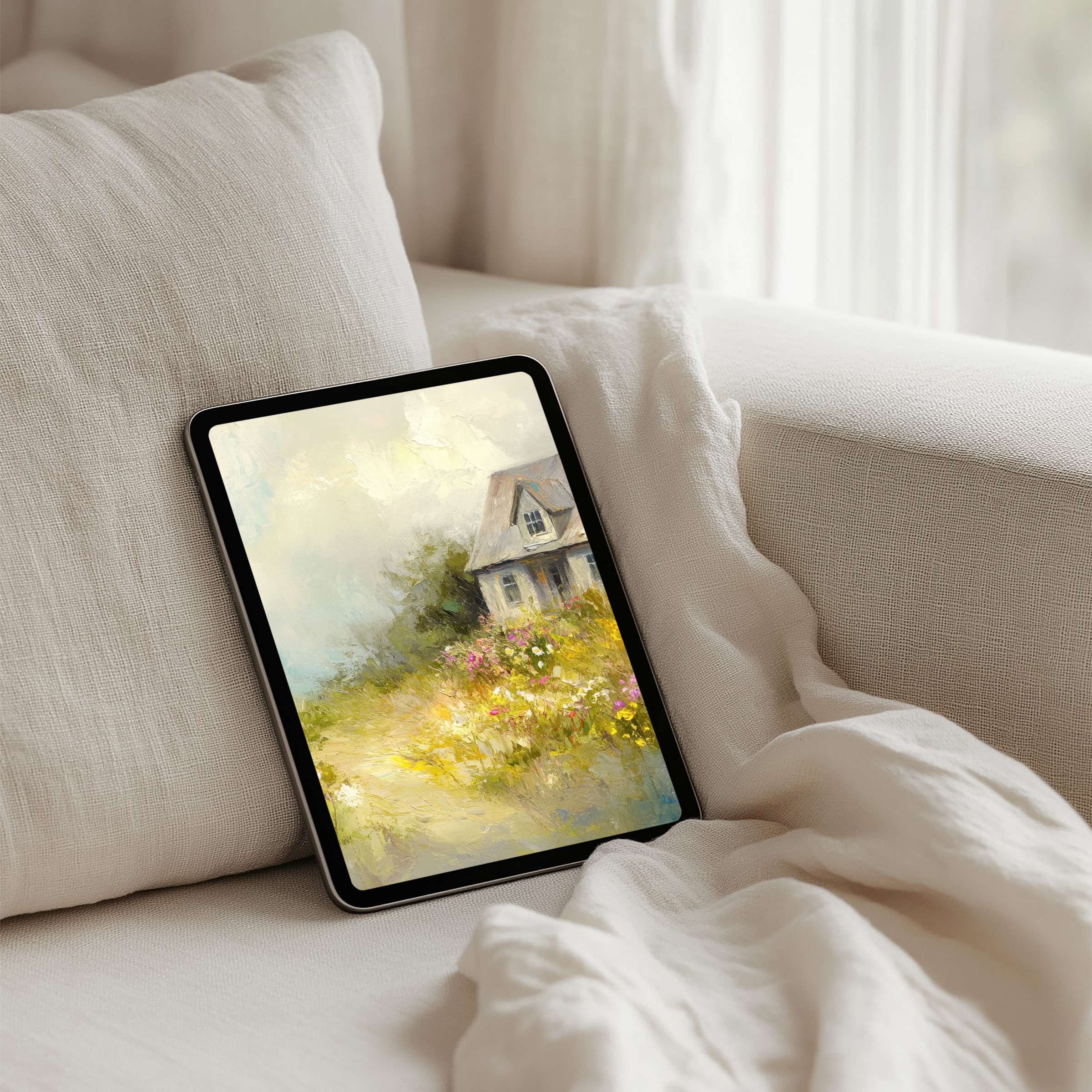 Elegant iPad background featuring a serene cottage landscape evokes calm and inspiration available for instant download on any tablet