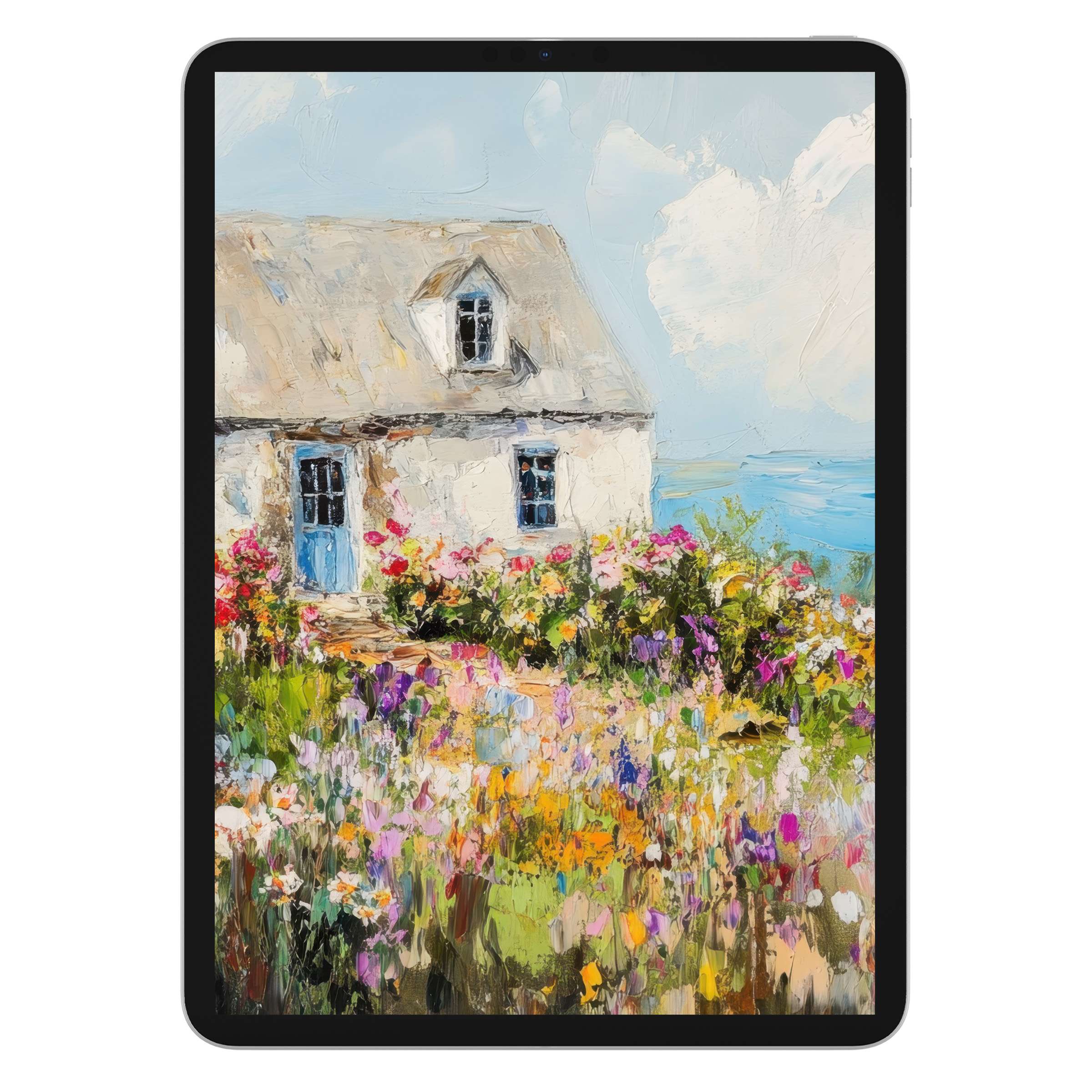 Coastal iPad wallpaper with a vibrant, impressionistic cottage scene enriches tablet background, offering a calming digital download