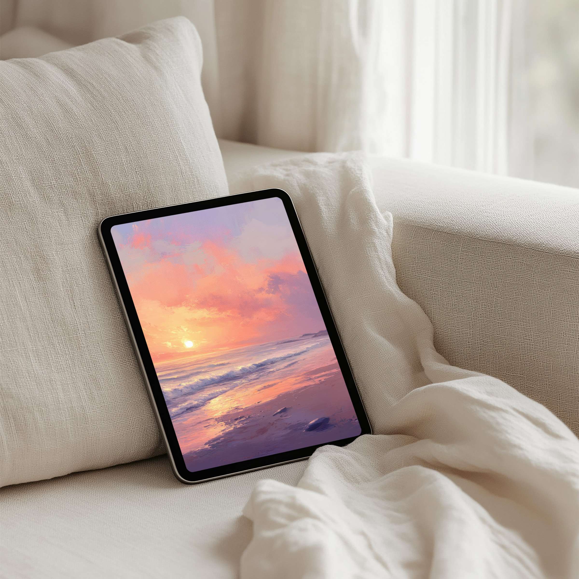 Elegant iPad background of a tranquil sunset ocean scene for instant download brings mindfulness to your tablet's digital art space