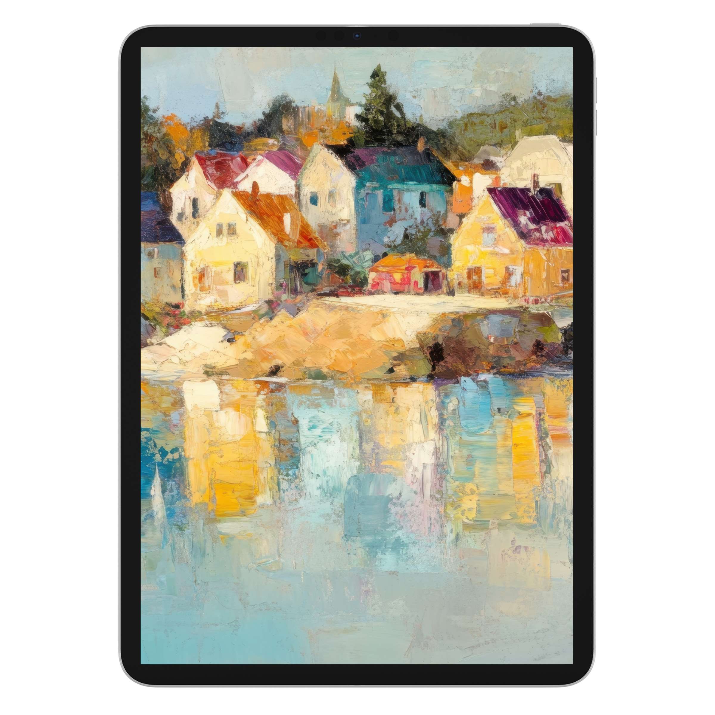 Colorful coastal iPad wallpaper featuring serene village art with soft textures, perfect digital download for tablet background settings