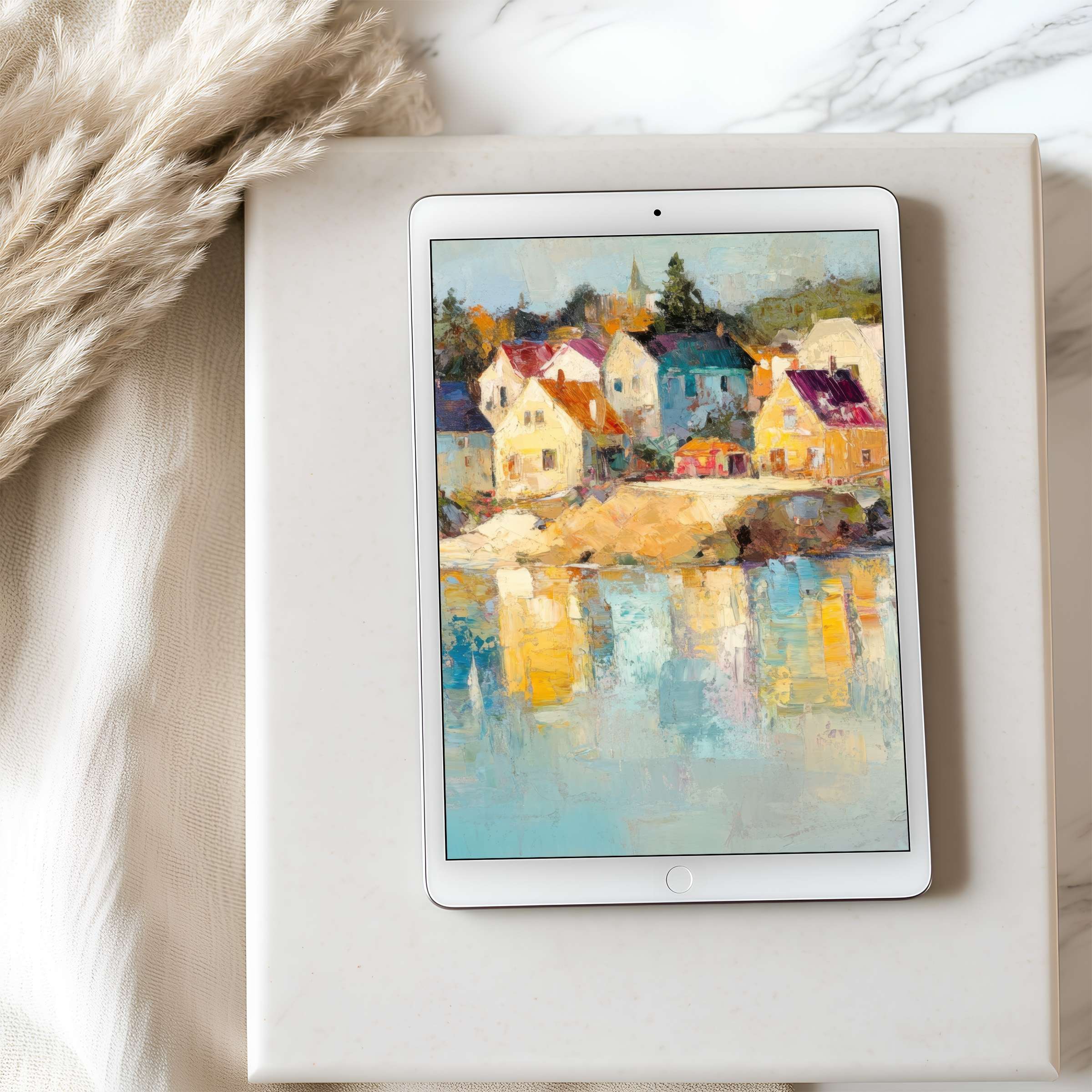 Charming tablet wallpaper featuring serene pastoral oil painting in high resolution, ideal for iPad and Android tablet digital download