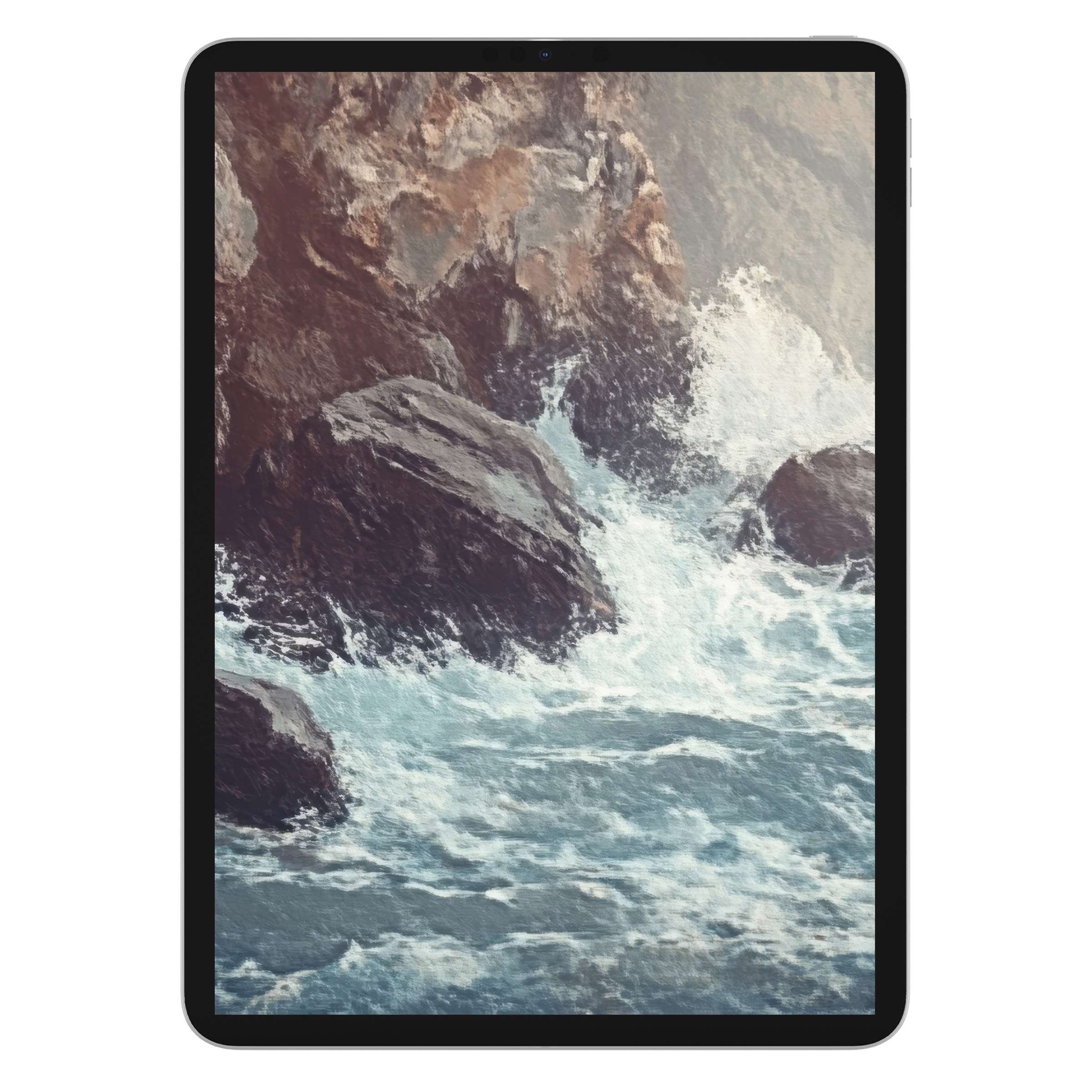 Coastal iPad wallpaper featuring a digital download of textured ocean waves and rocky cliffs, enhancing any tablet background with serene elegance