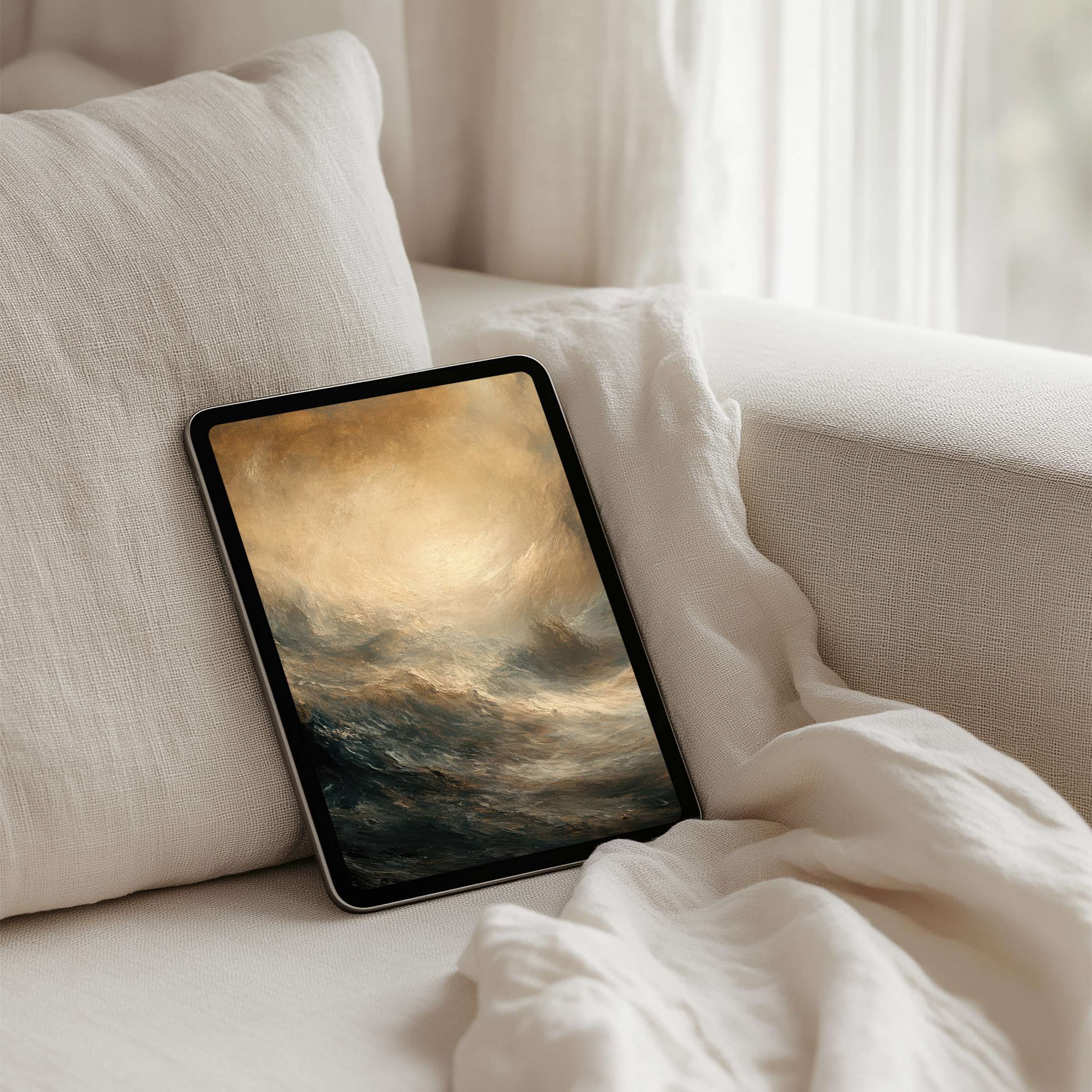 Serene iPad background featuring a soothing wave artwork, ideal for instant download, perfect fit for any tablet, inspiring tranquility