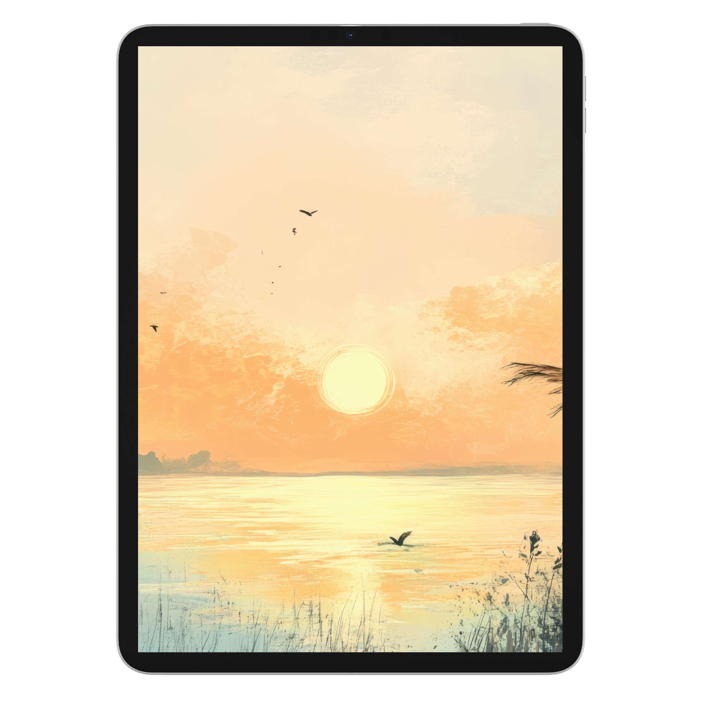 Coastal iPad wallpaper digital download features a serene sunset over a tranquil sea, creating an inspiring tablet background for relaxation