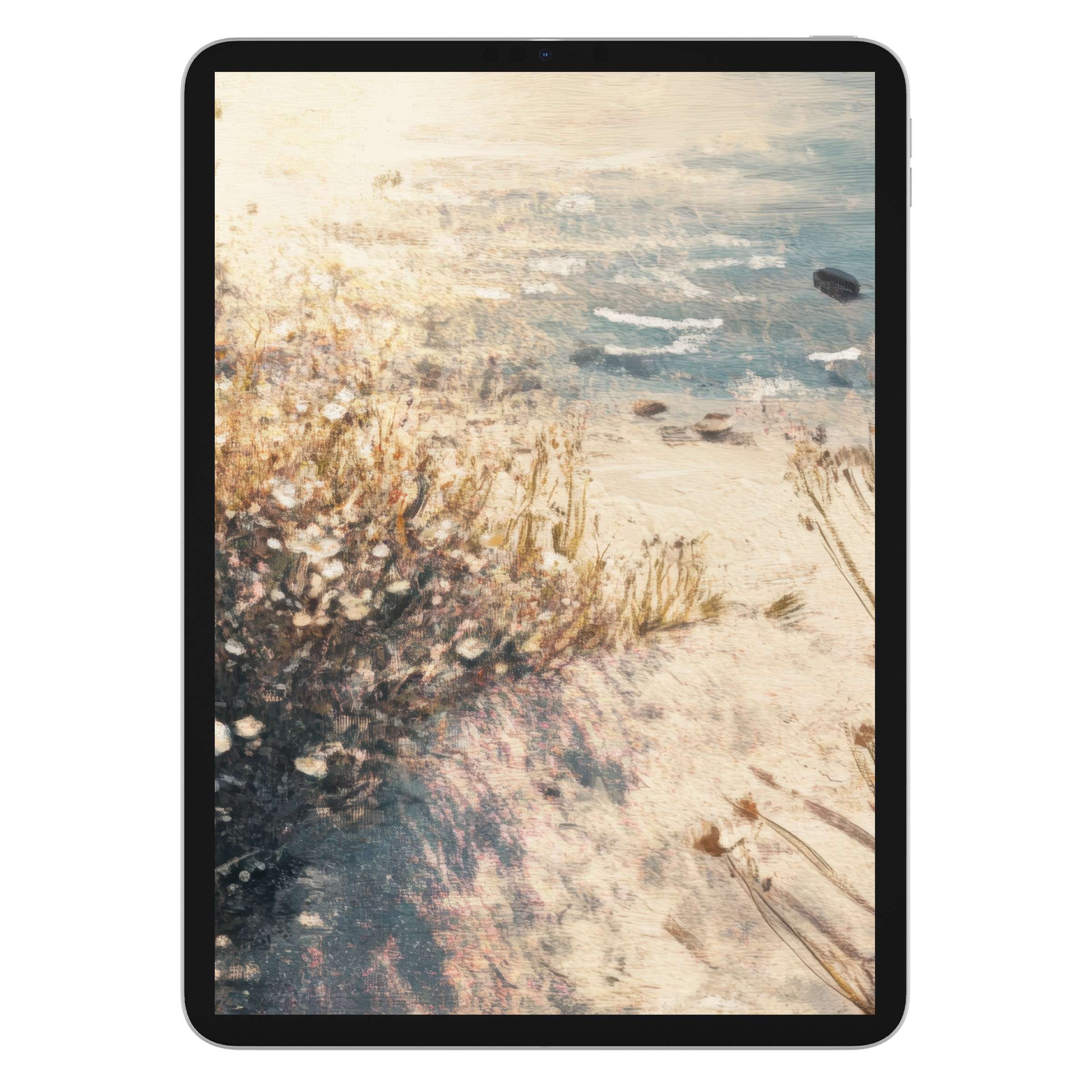 Coastal iPad wallpaper showcasing serene sandy textures and ocean waves as a digital download background for tablets