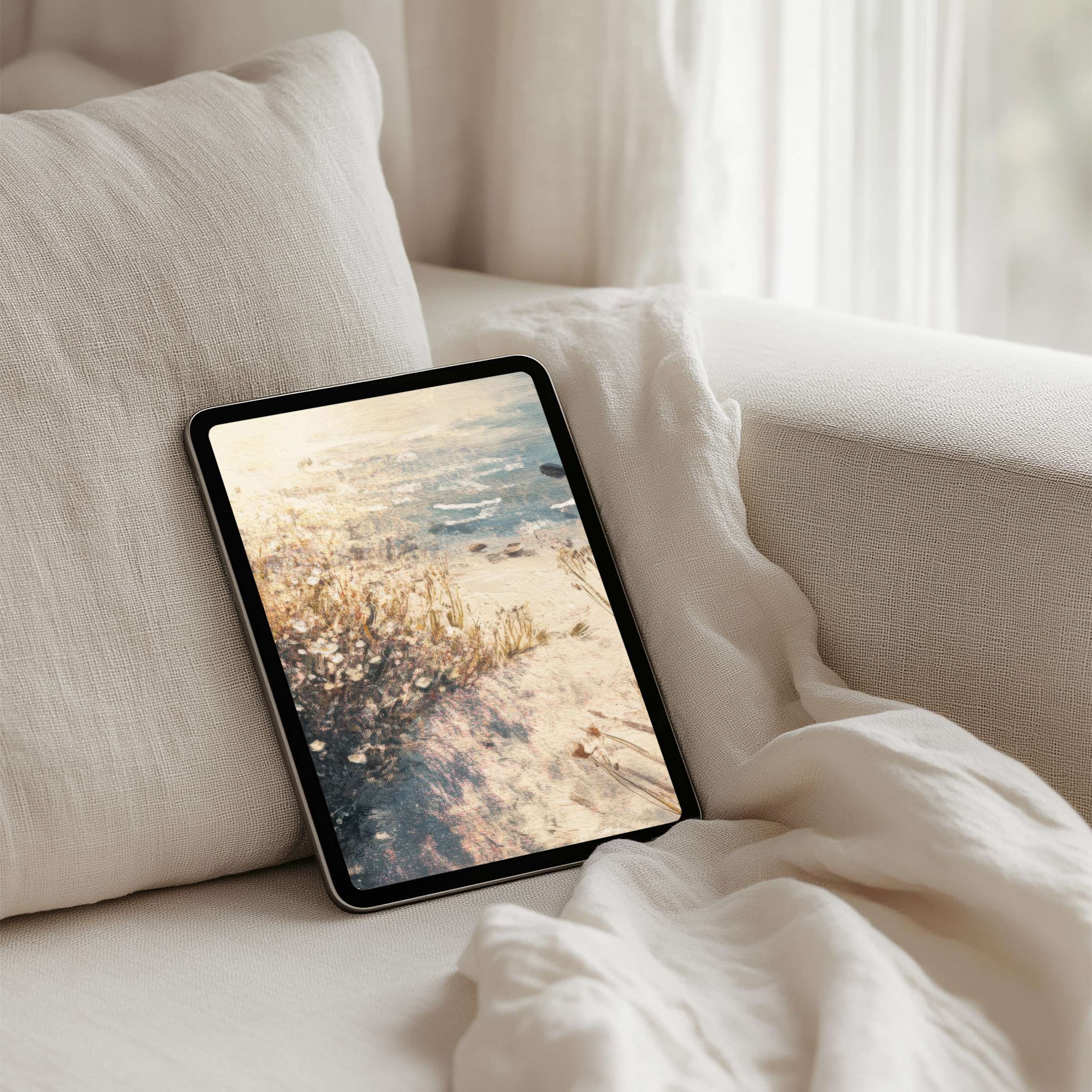 Elegant coastal iPad background with serene beach art for instant download fits all tablet screens inspires calm and mindfulness