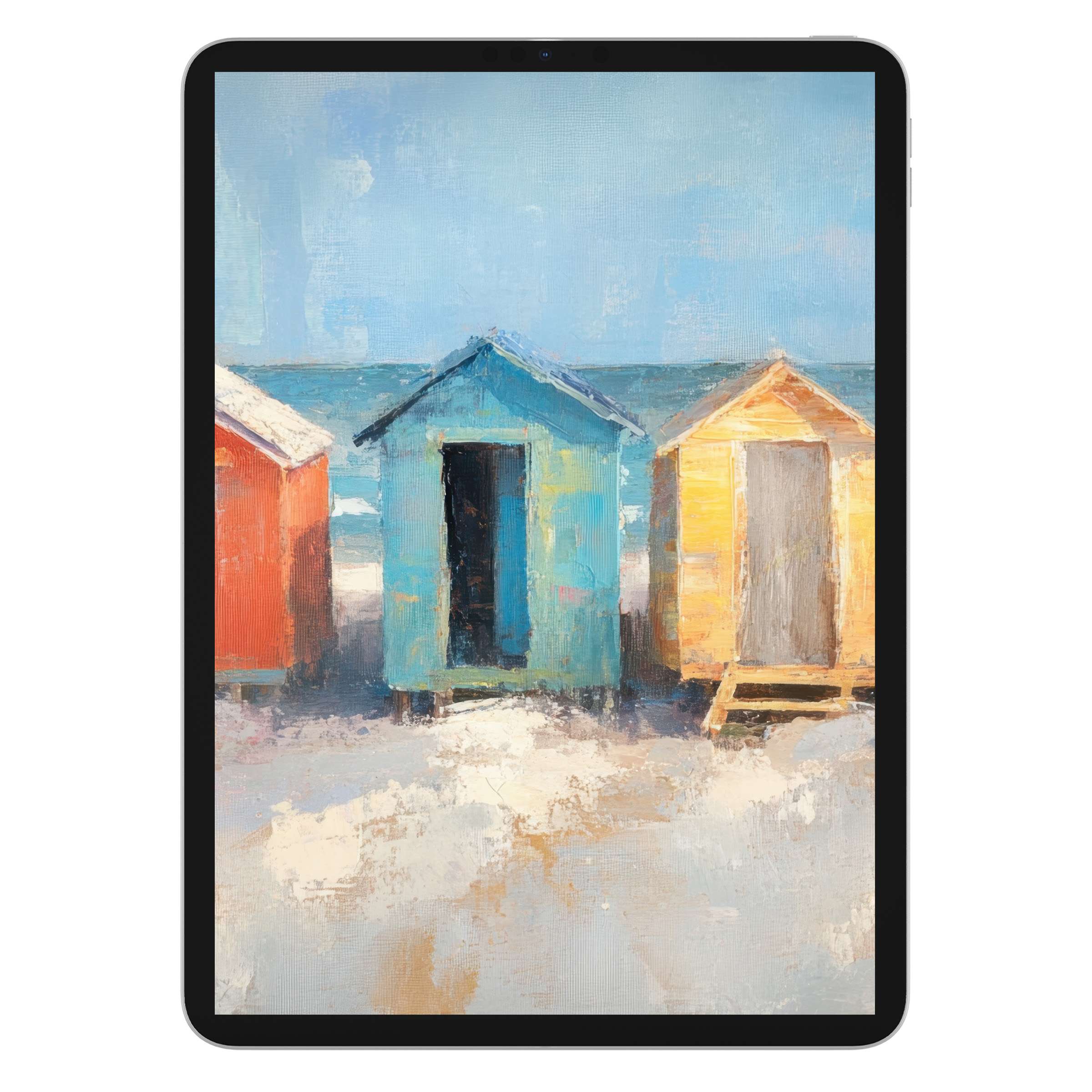 Coastal iPad wallpaper featuring vibrant beach huts in serene pastel tones perfect for tablet background digital download tranquility