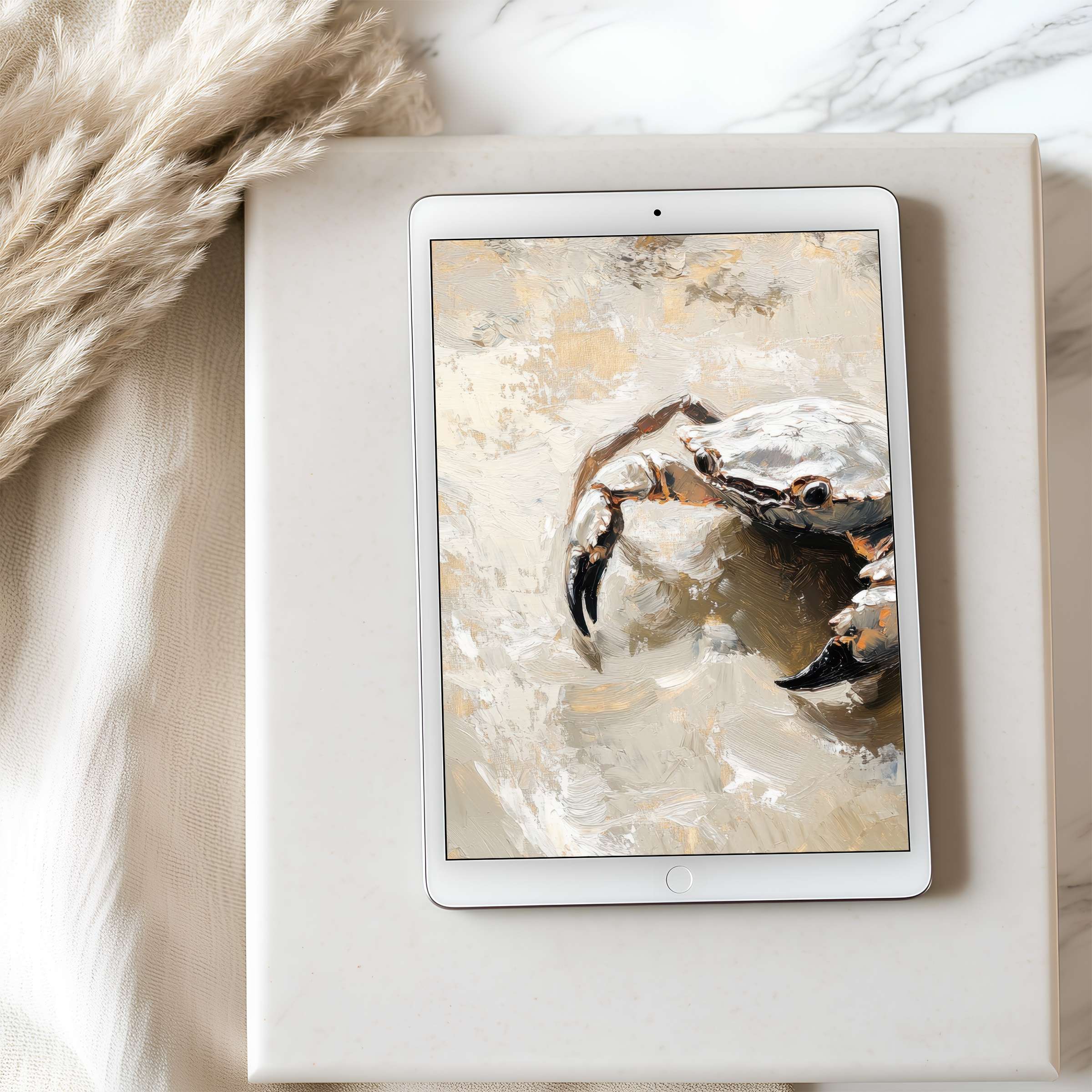 Elegant tablet wallpaper featuring a serene crab in soft beige tones, enhancing your iPad with high resolution digital art for a calming touch