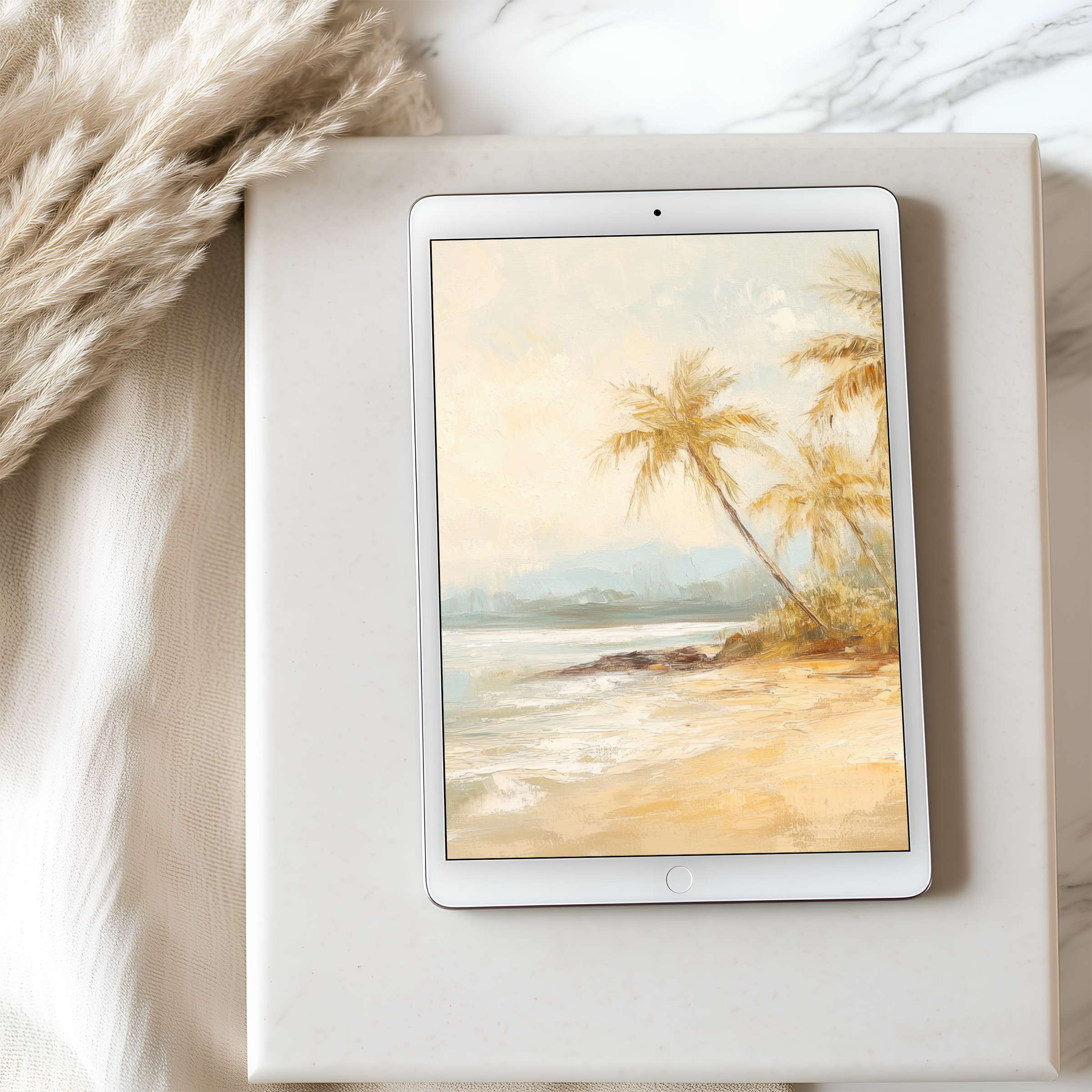 Elegant tablet wallpaper featuring serene beach scene with palm trees in soft pastels, perfect high resolution iPad and Android download