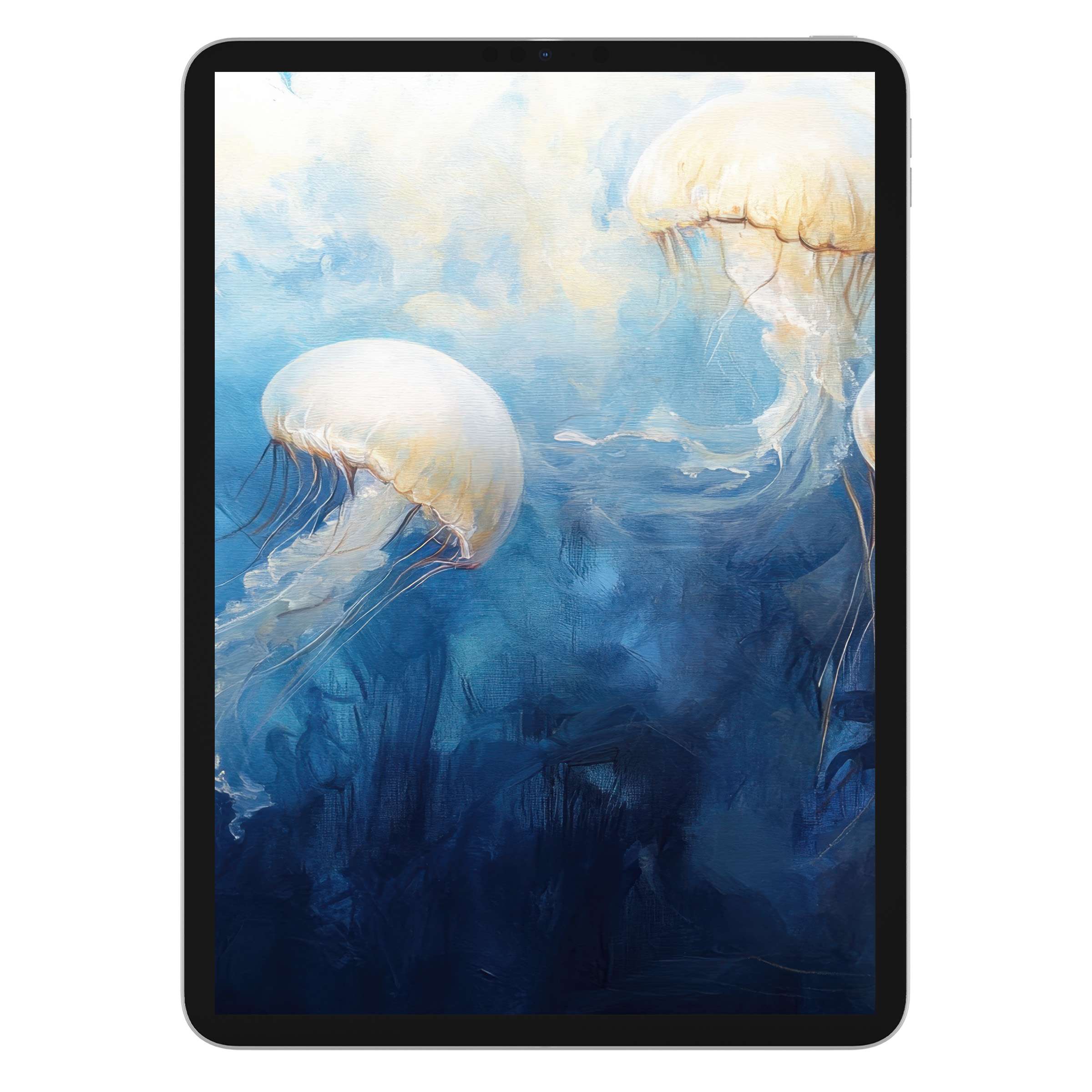 Elegant coastal iPad wallpaper featuring serene jellyfish in oceanic blues, perfect digital download for relaxing tablet backgrounds