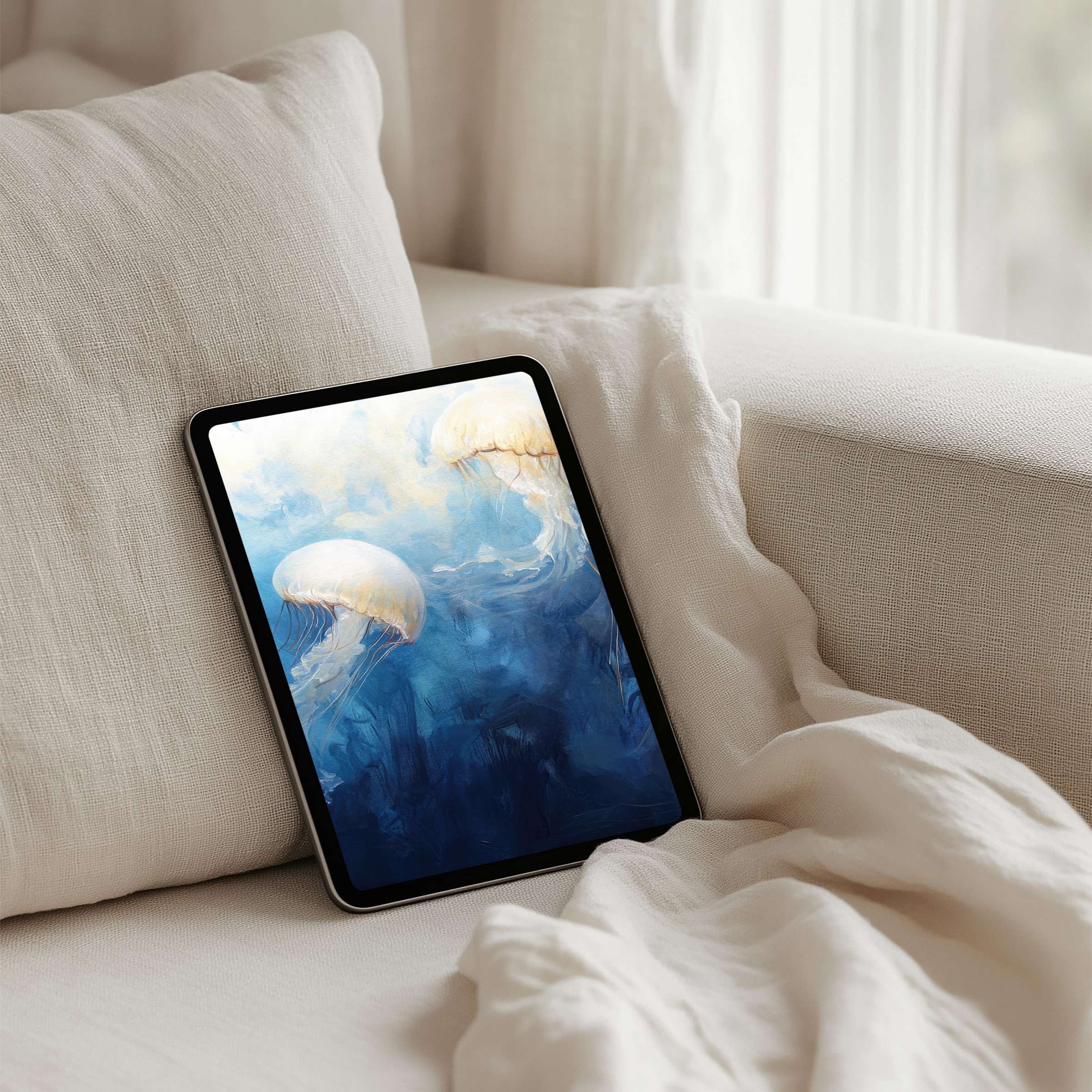 Elegant iPad background featuring serene jellyfish art evokes calm and mindfulness instant download fits tablets perfectly