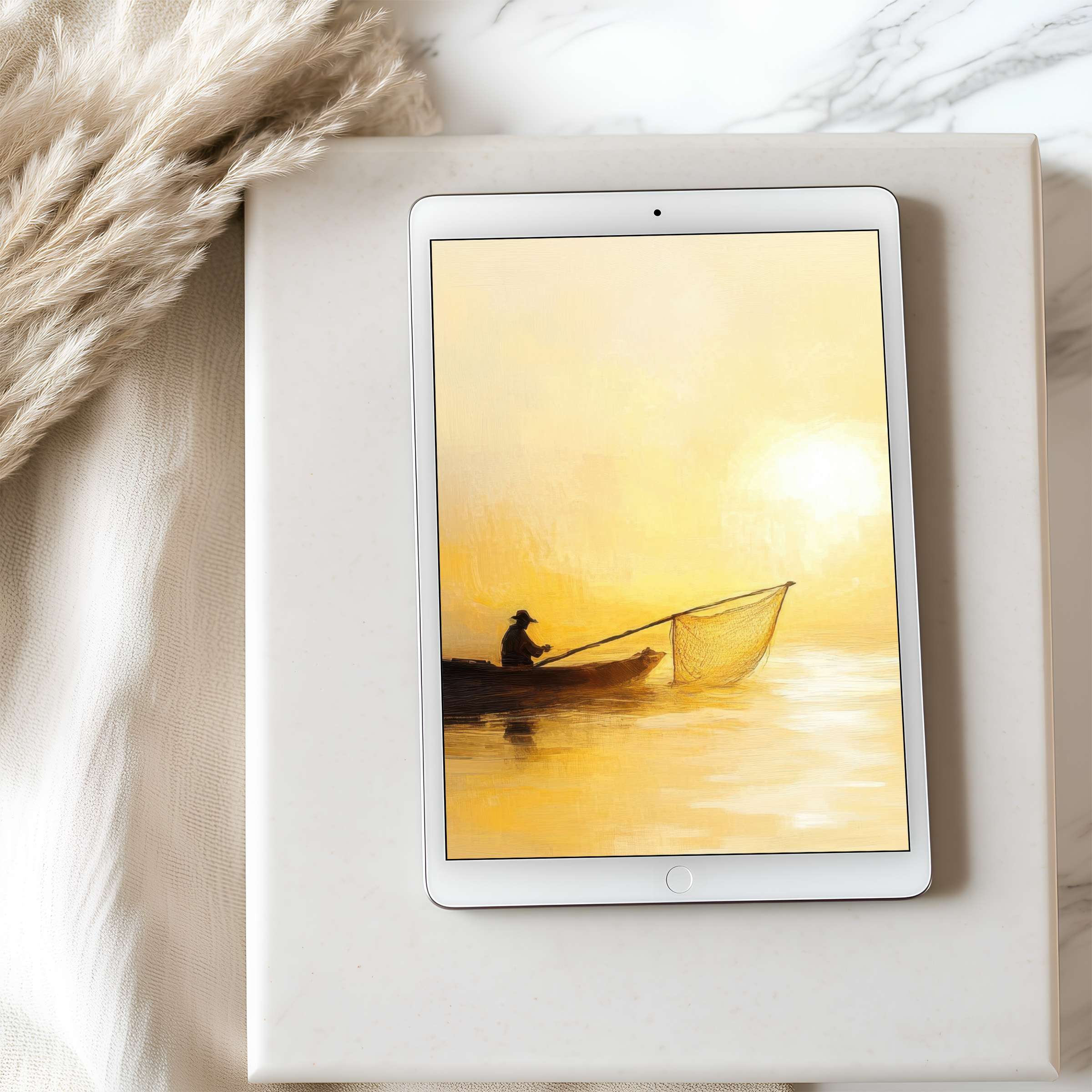 Elegant yellow-hued tablet wallpaper featuring serene fishing motif, perfect high-resolution download for iPad and Android devices, enhancing tranquility