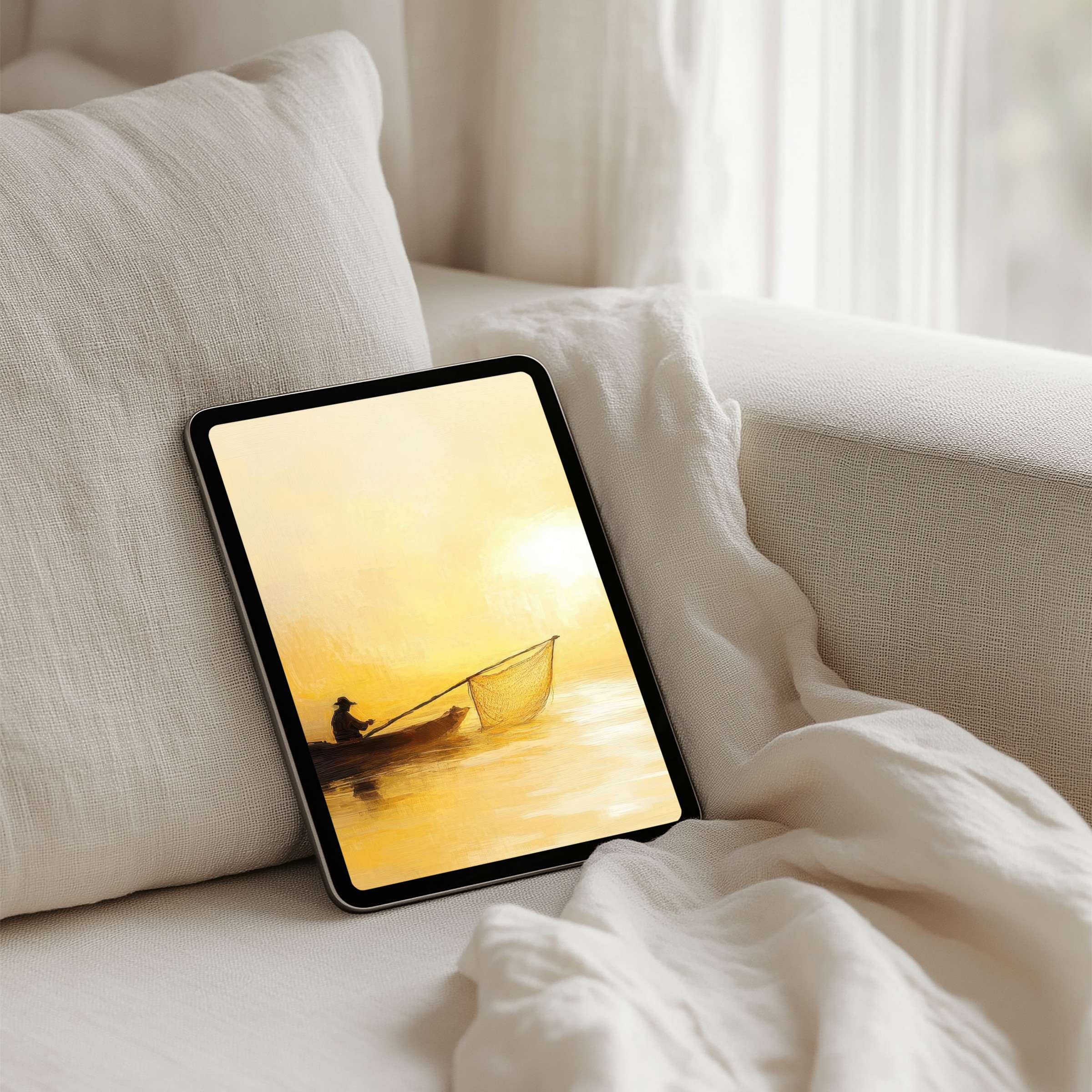 Warm iPad background featuring serene yellow tones of a fisherman at sunset offers instant download for tablet users seeking calm inspiration