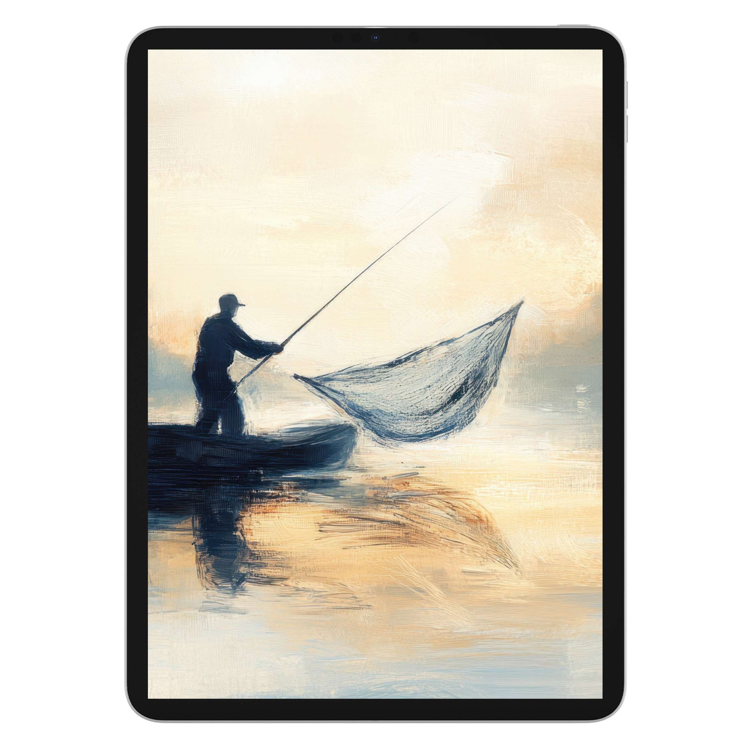 Serene coastal iPad wallpaper featuring a silhouetted fisherman at sunset, providing a calm digital download background for tablets
