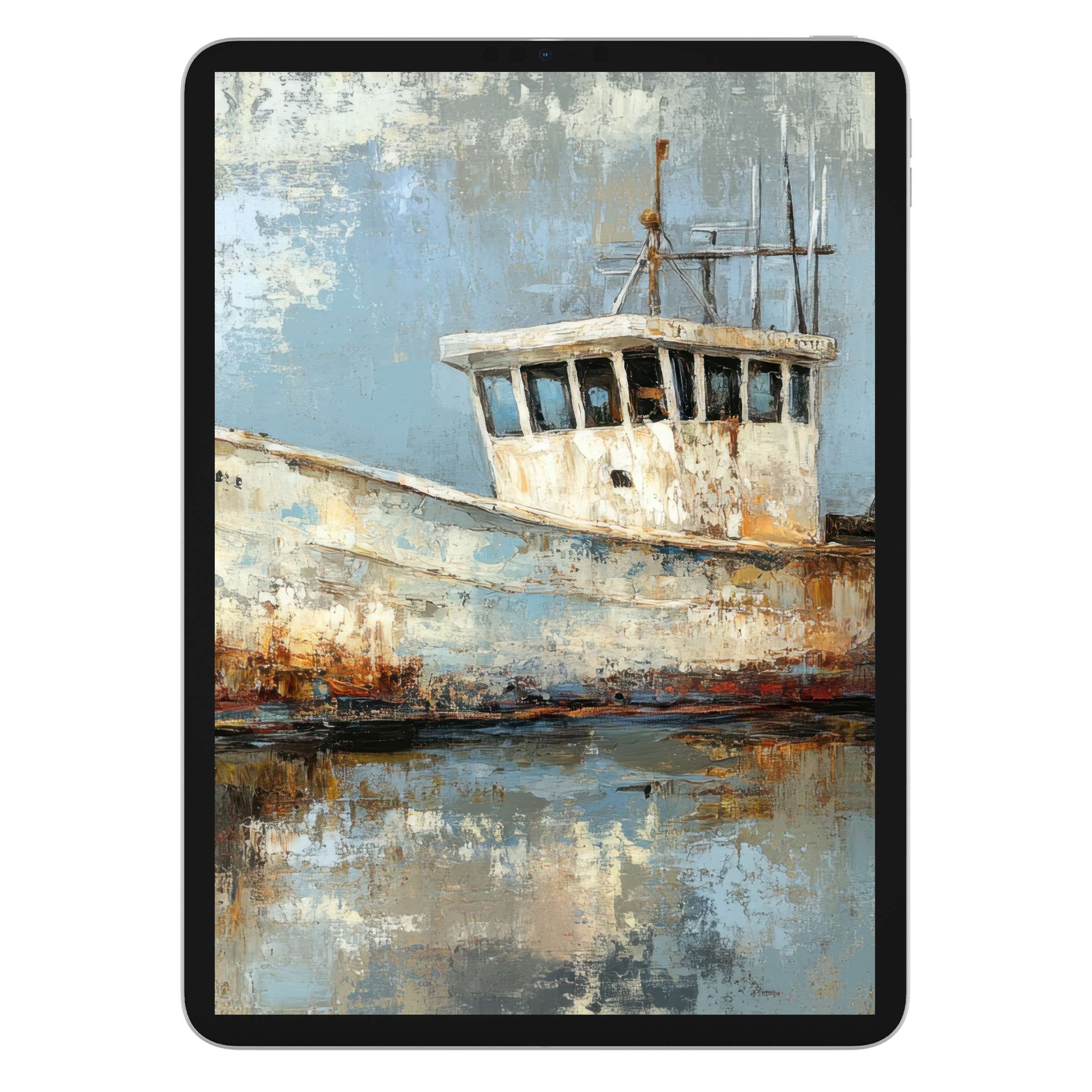 Coastal iPad wallpaper featuring an elegant rustic boat with serene blue textures, perfect digital download for tablet background use