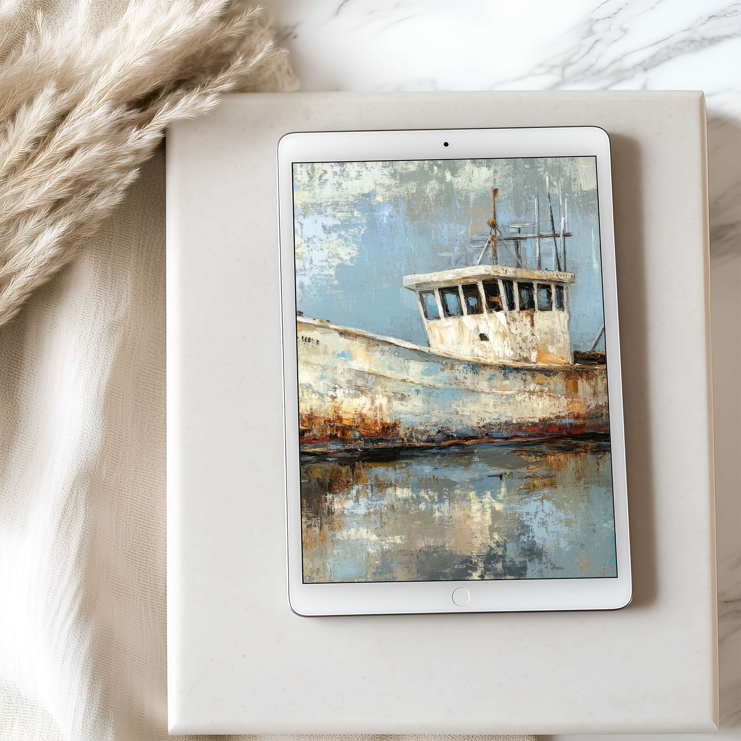 Elegant tablet wallpaper with serene boat artwork in high resolution, perfect for iPad; digital download for aesthetic interiors