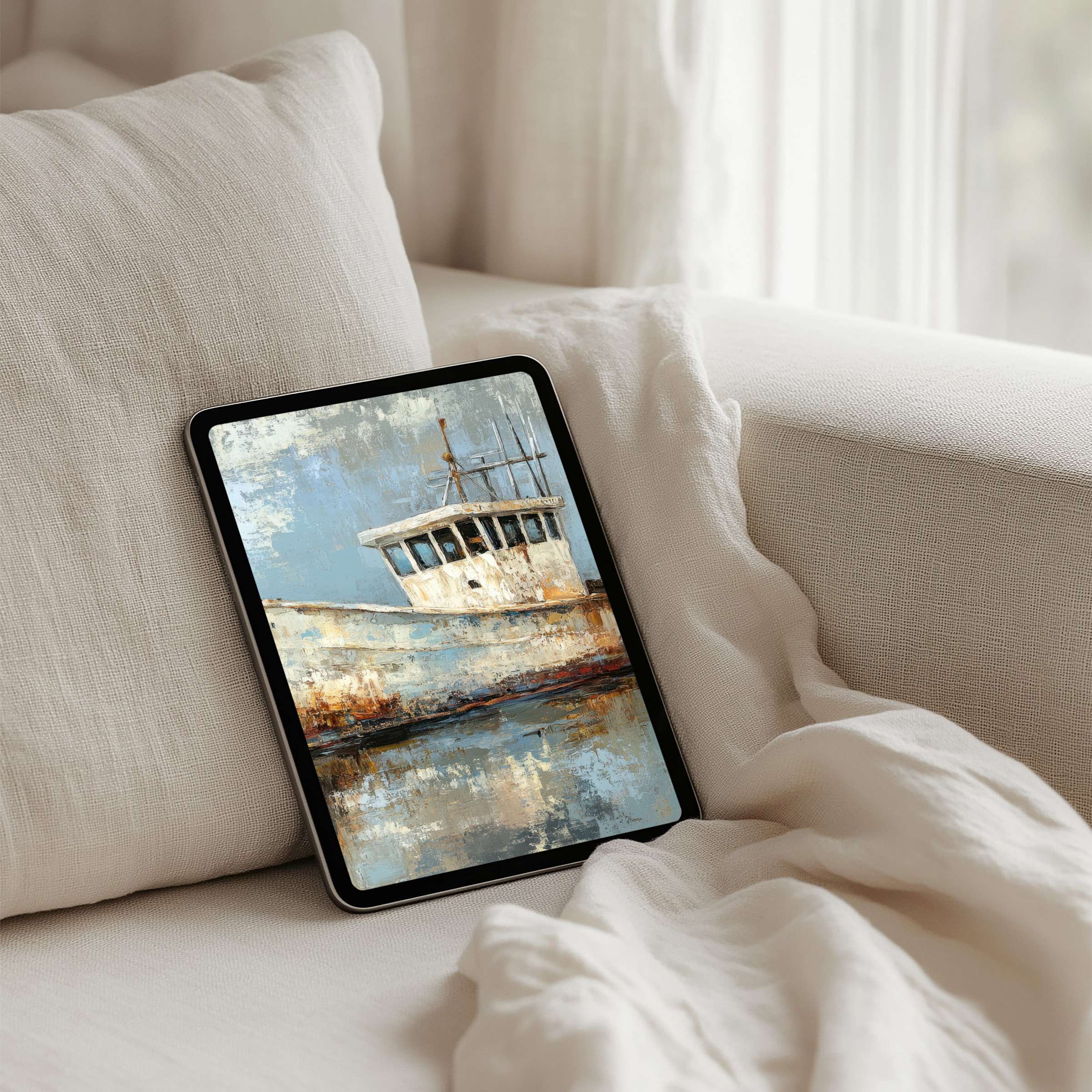 Rustic boat painting on iPad background exudes calm elegance for tablet users seeking inspiration through instant download