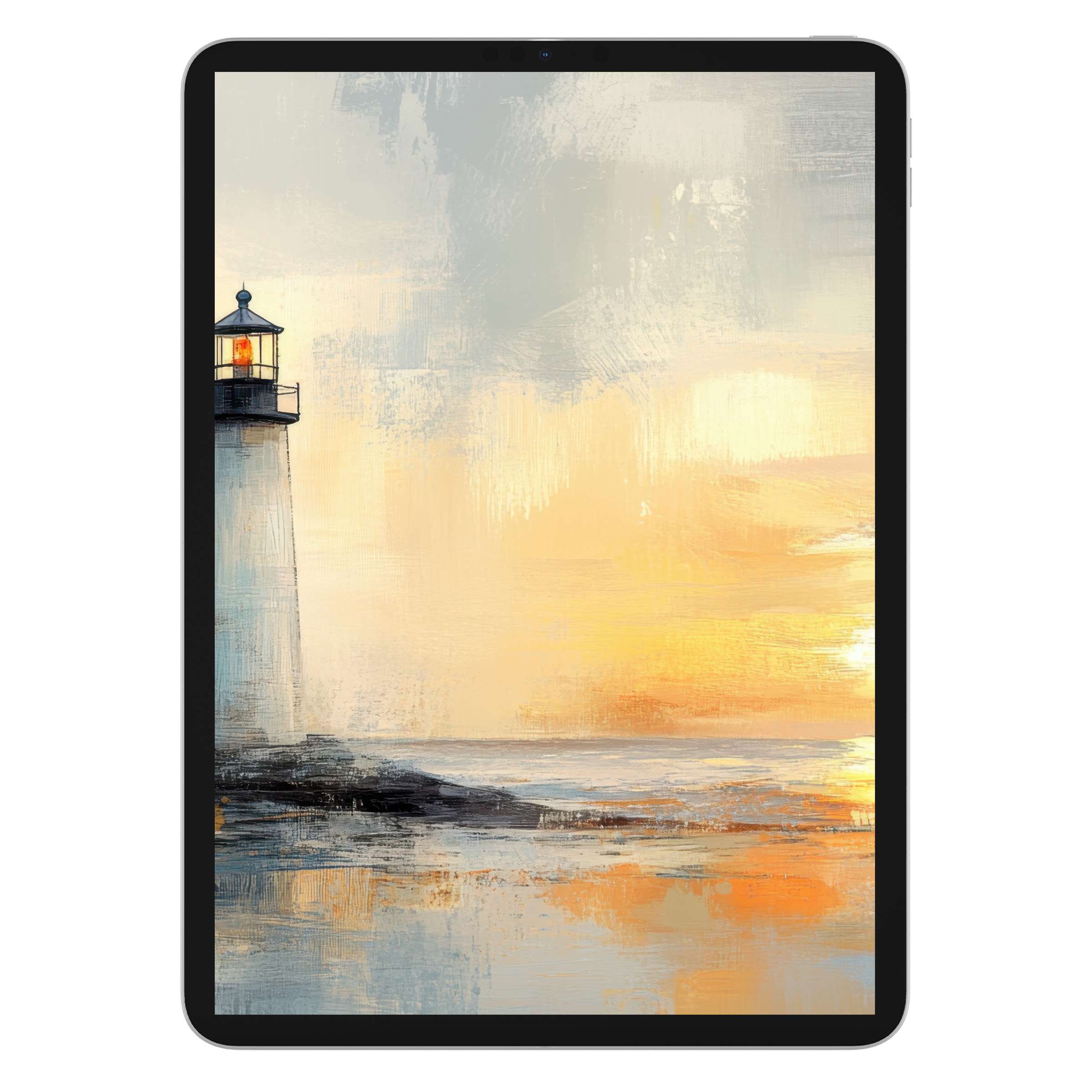 Coastal iPad wallpaper exhibiting a serene lighthouse at sunset with pastel tones perfect for digital download and tablet background