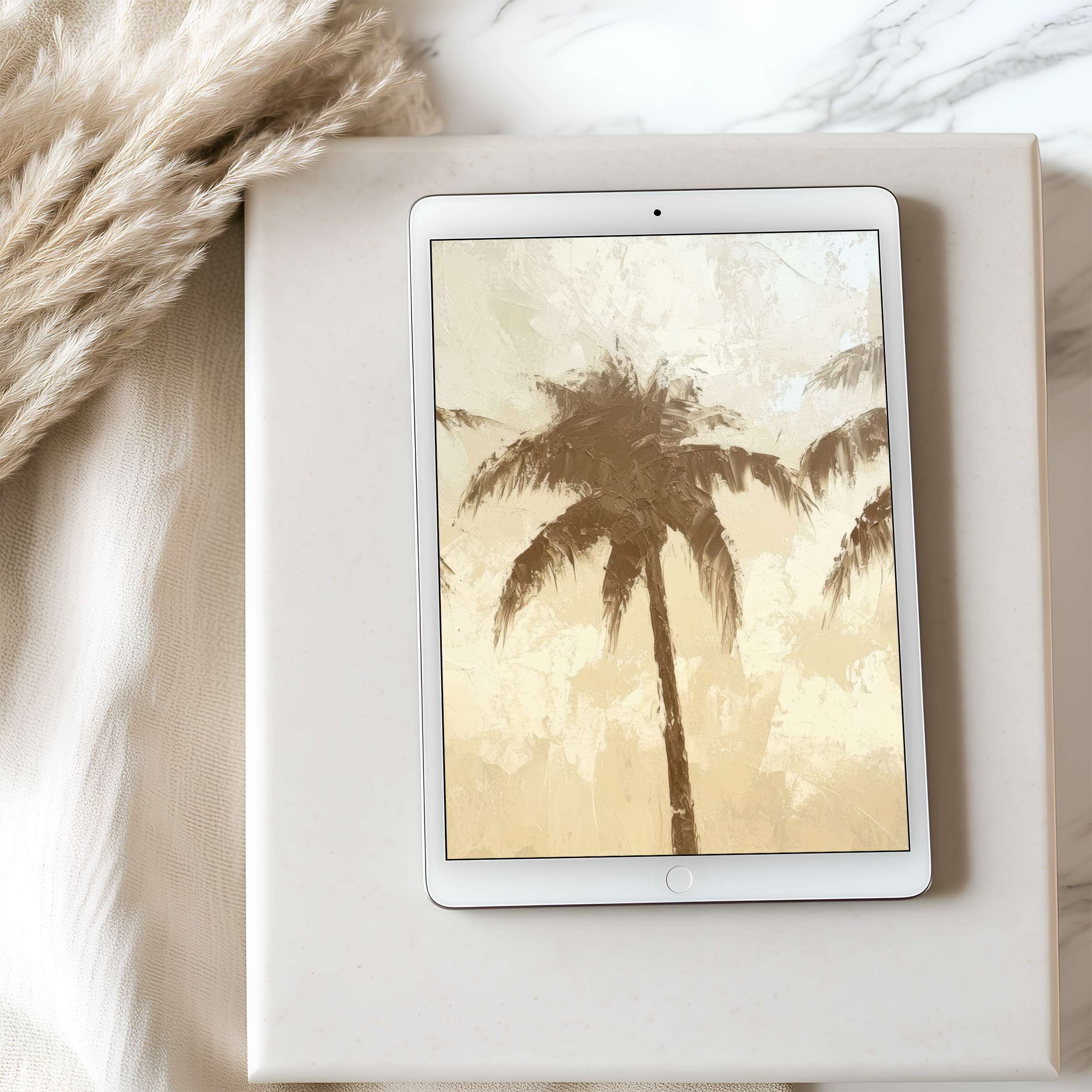 Elegant palm motif tablet wallpaper in muted tones, perfect for iPad and Android tablets, offering a serene digital download ambiance