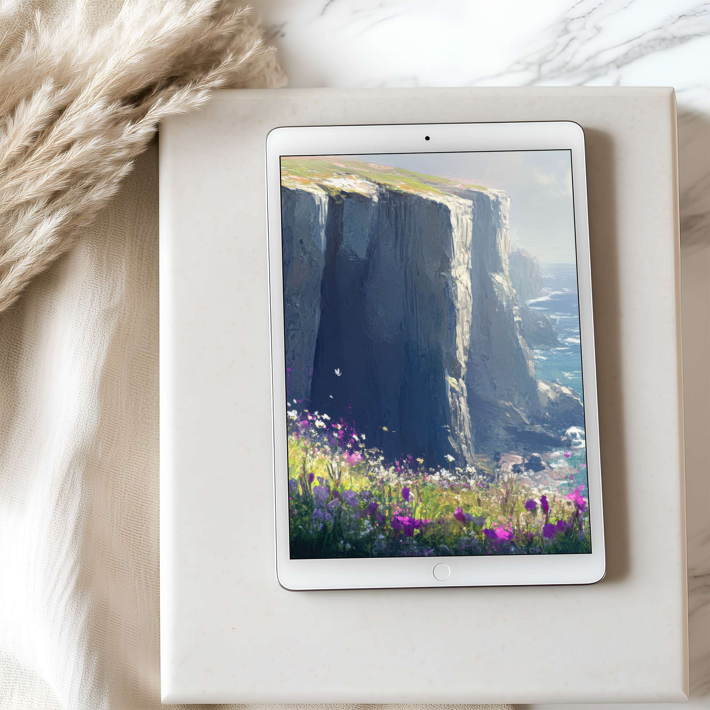 Elegant tablet wallpaper featuring serene cliffs and wildflowers in high resolution perfect for iPad or Android digital download