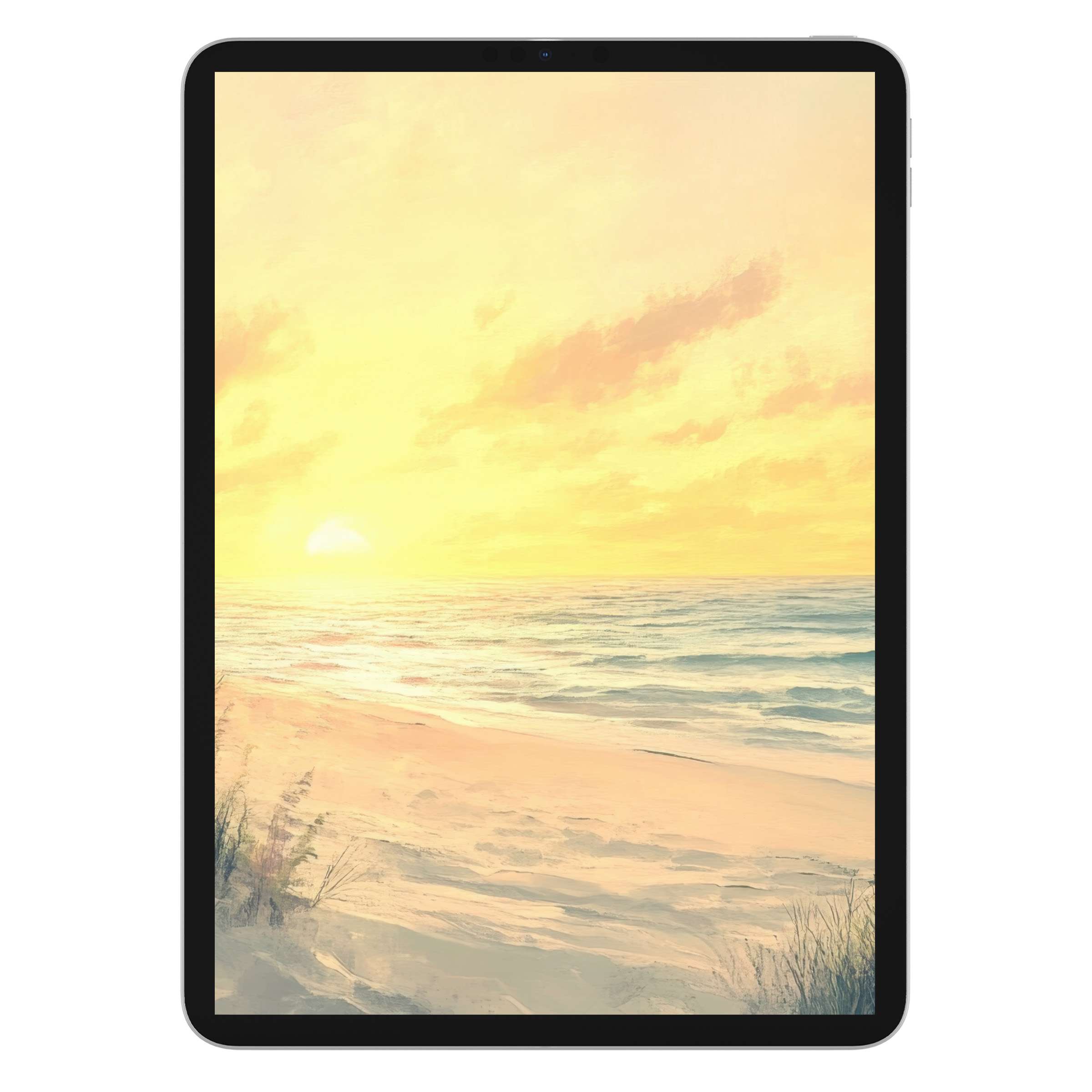 Coastal iPad wallpaper featuring a serene sunset beach, ideal digital download for a soothing tablet background on Samsung and Android devices