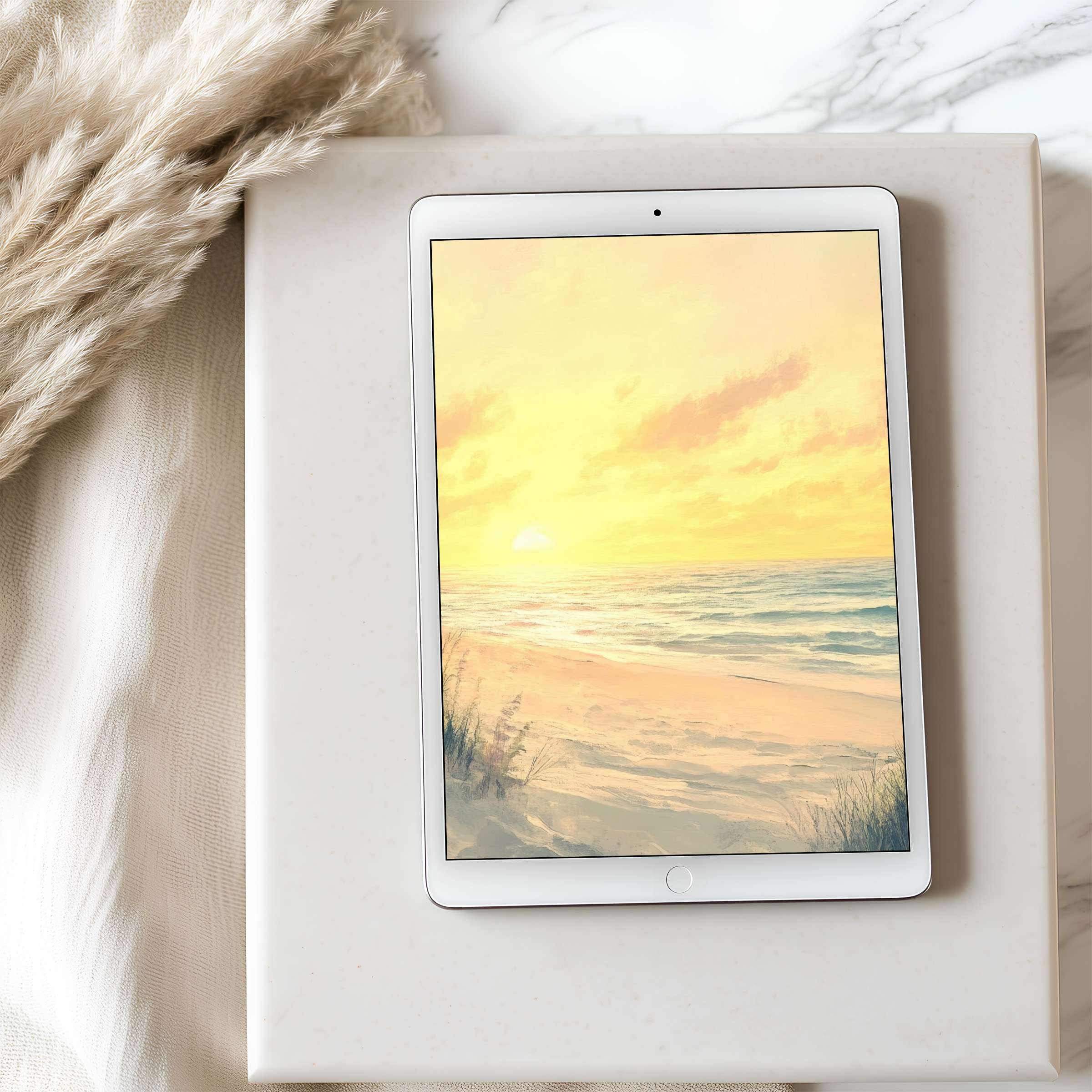 Serene beach scene tablet wallpaper offers a calm, high resolution escape for iPad or Android tablets in elegant interiors digital download