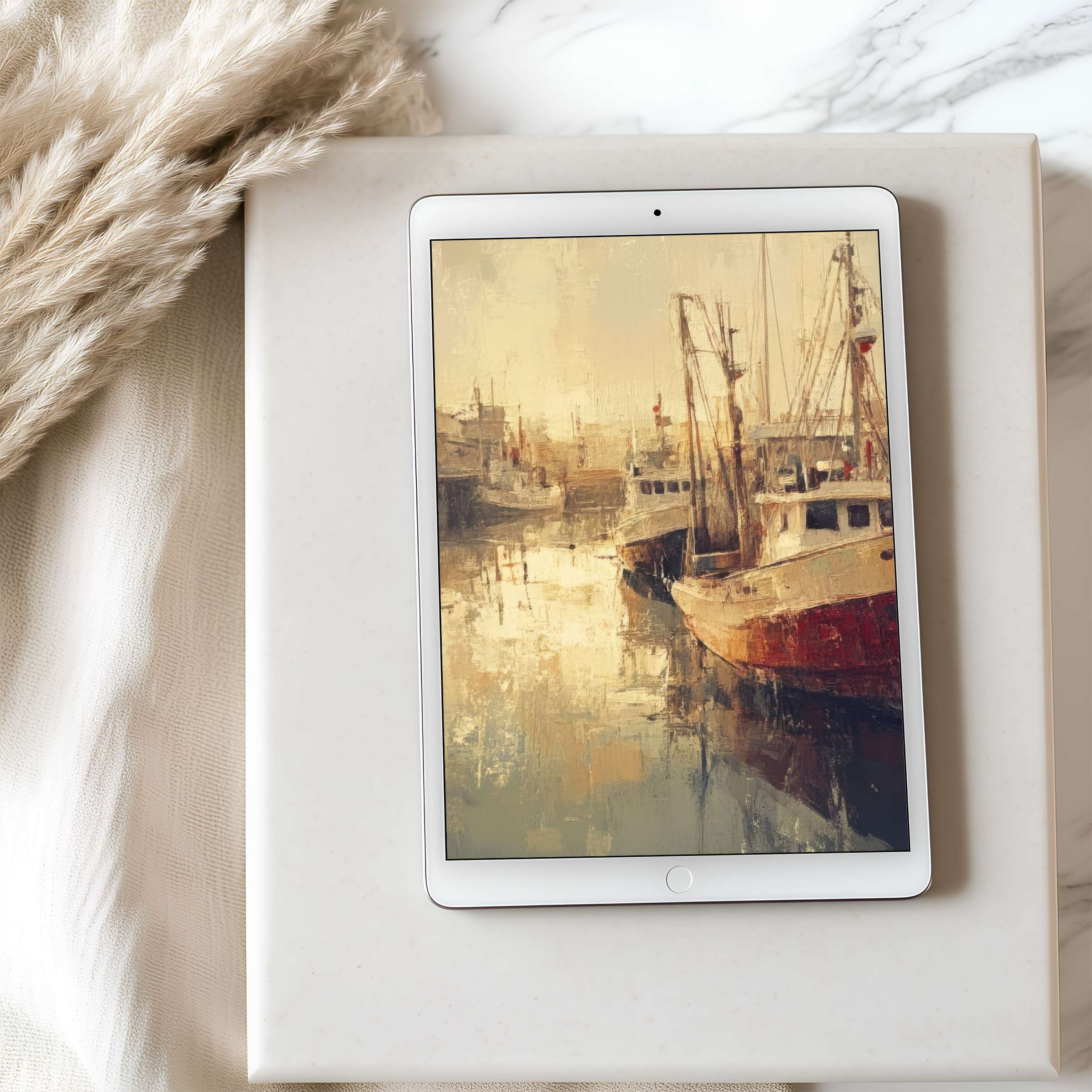 Romantic tablet wallpaper featuring serene boats in a soft oil painting style, ideal for iPad digital downloads, enhancing calm spaces