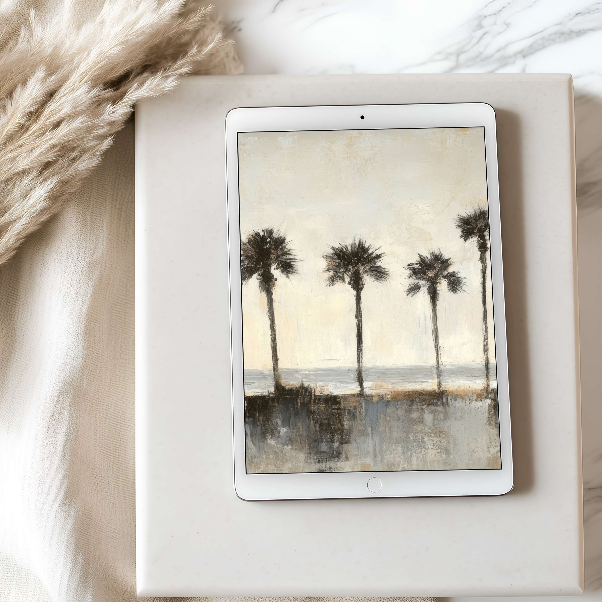 Elegant tablet wallpaper featuring serene palm trees against a misty horizon in high resolution perfect for digital download on iPad