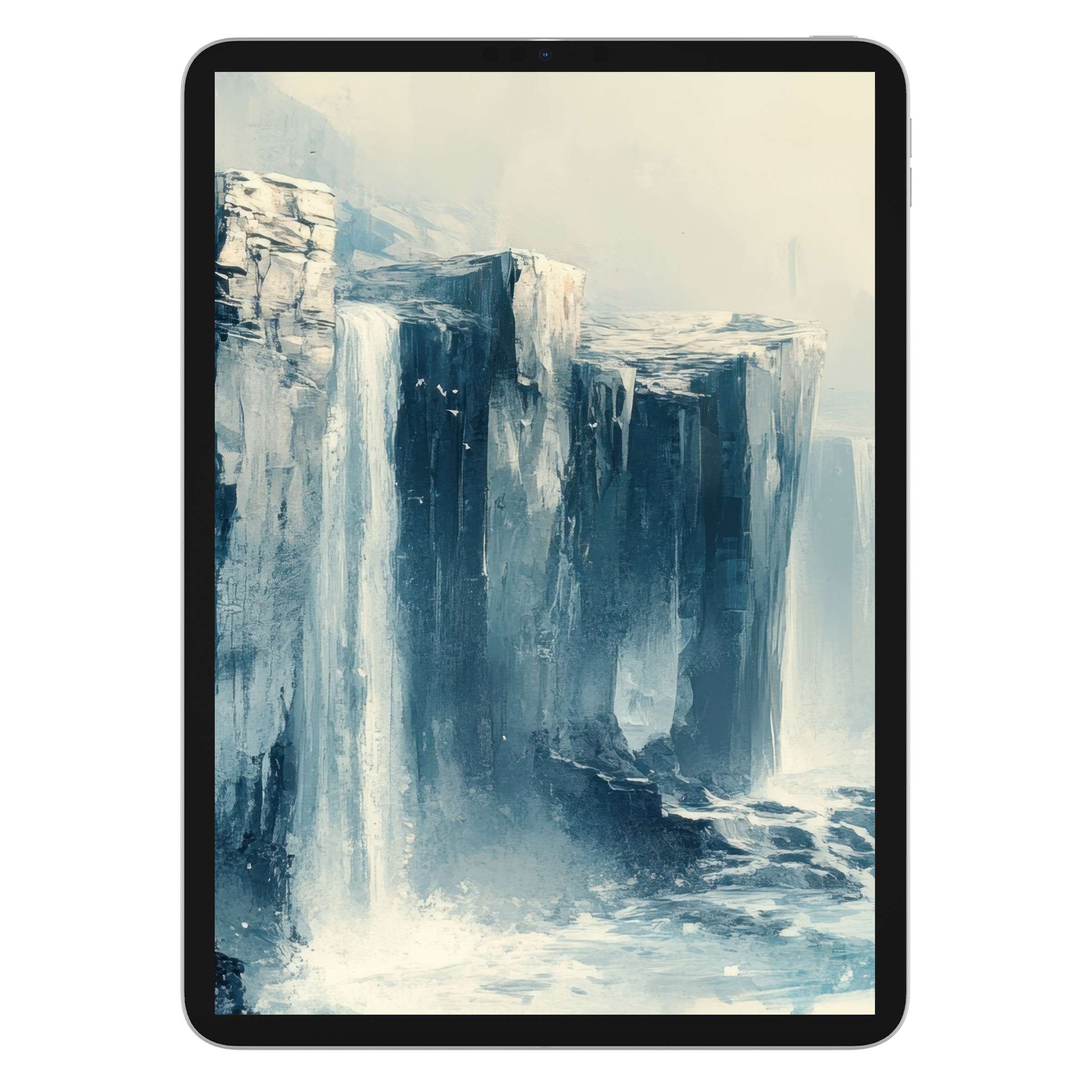 Majestic coastal iPad wallpaper with serene cliffs and cascading waterfall, perfect digital download for tablet background users seeking tranquility