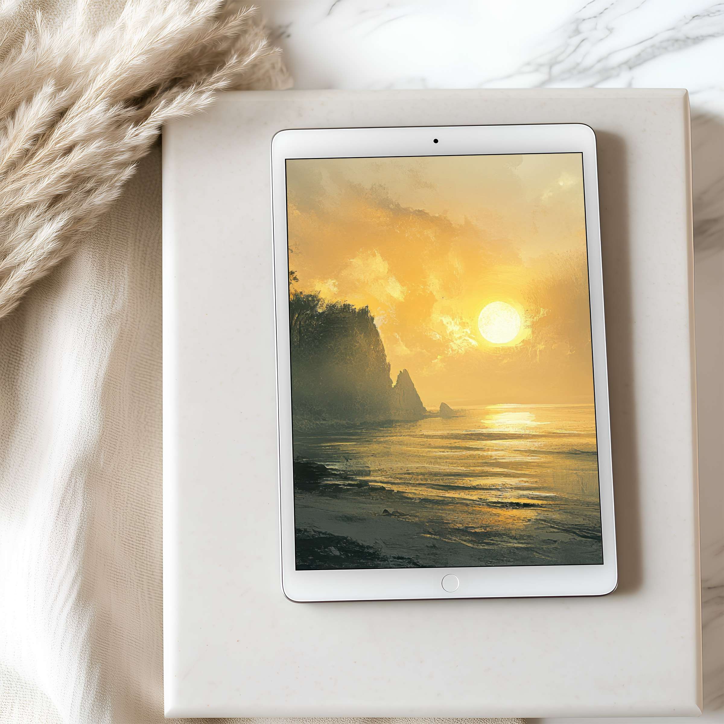 Serene coastal sunset tablet wallpaper in warm tones offers a high resolution digital download for elegant iPad or Android display