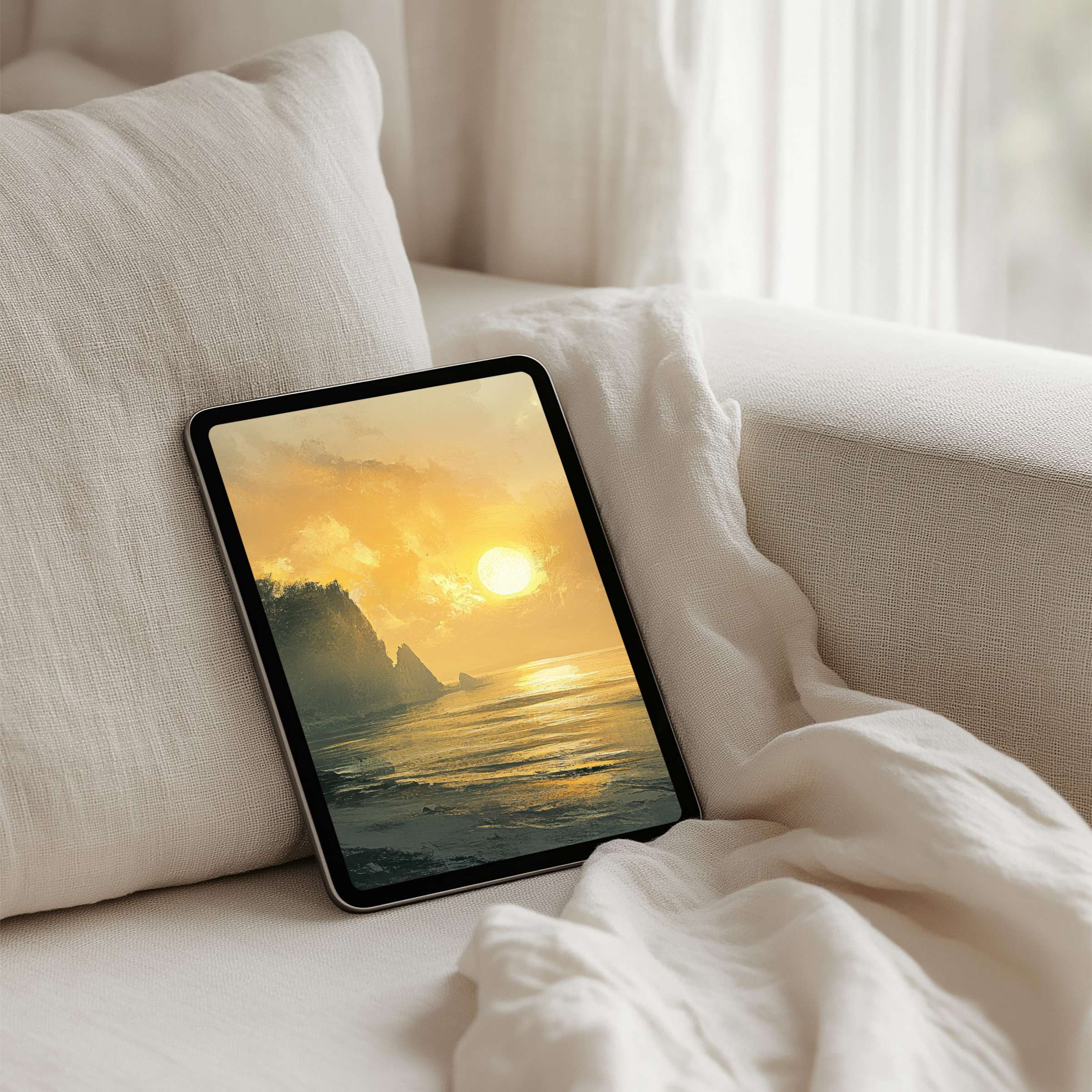 Serene sunset iPad background on a tablet inspires calm and elegance, available for instant download for design-conscious users