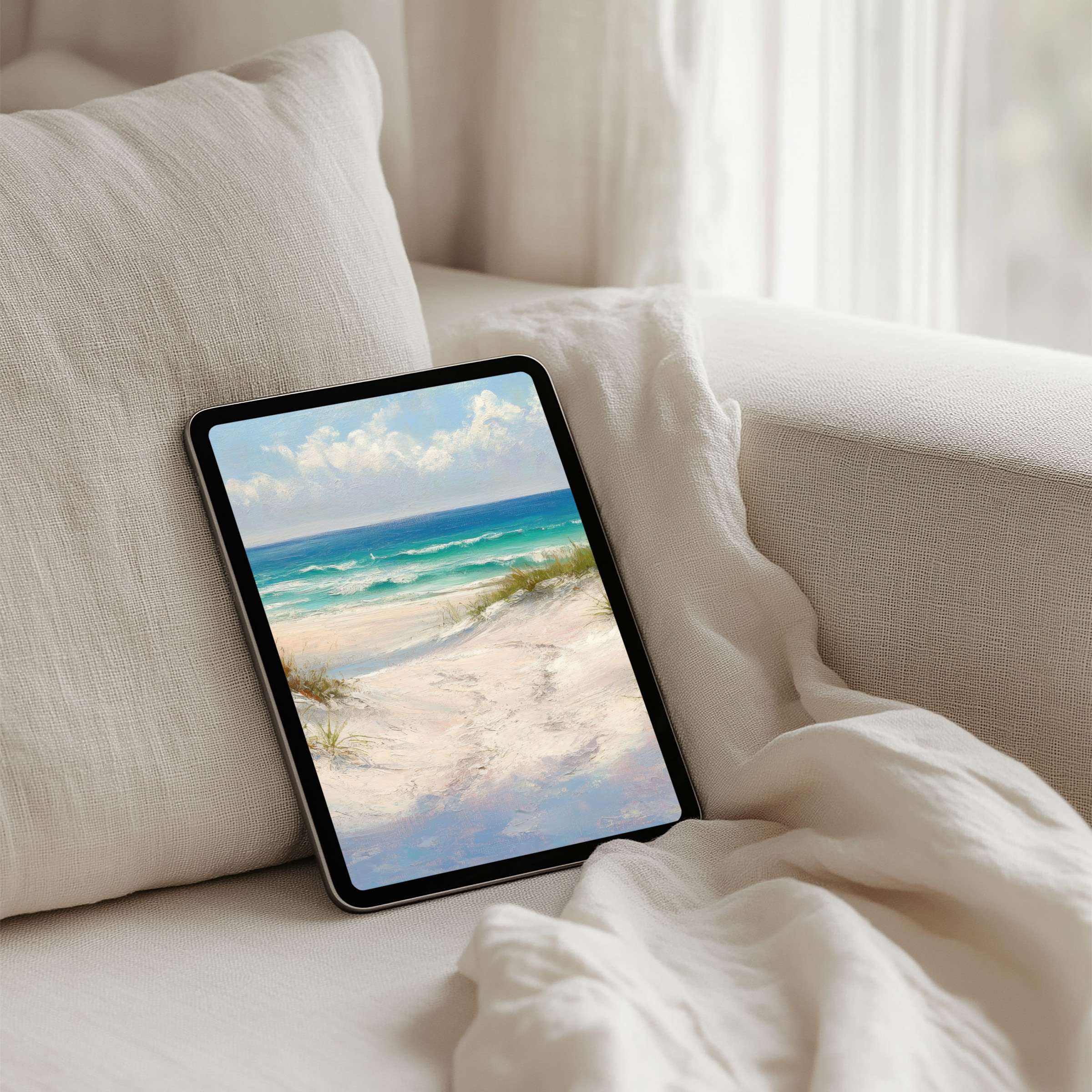 Elevate your iPad background with serene beach art, inspiring calm elegance, perfect for any tablet, instant download today