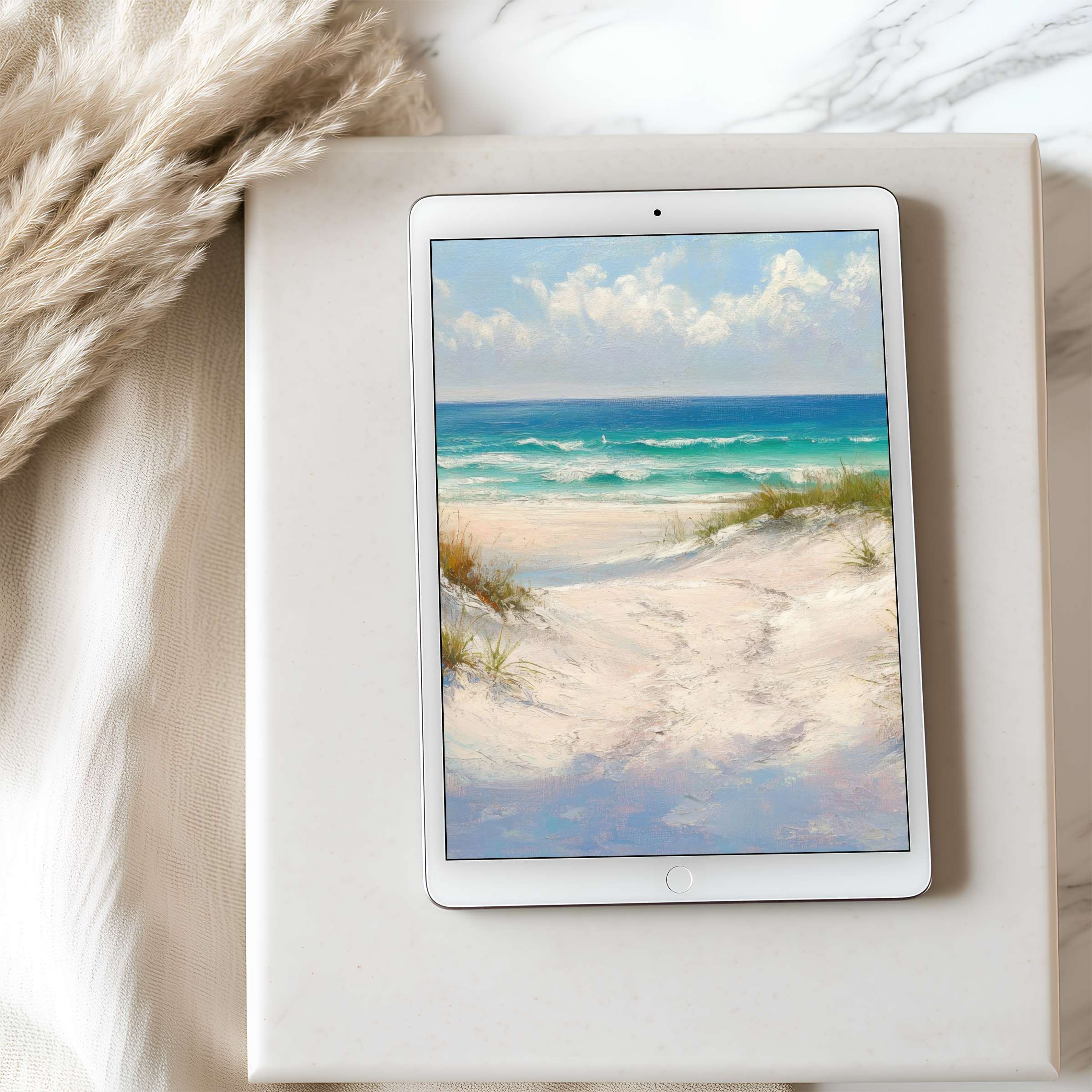 Tranquil beach scene tablet wallpaper in high resolution, perfect for iPad and Android tablets, enhancing your space with elegance and calm