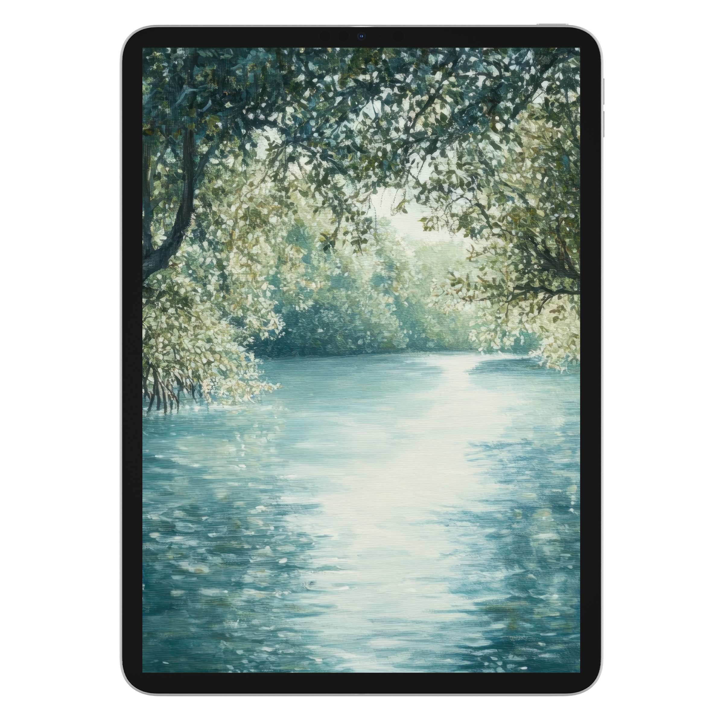 Serene coastal iPad wallpaper bringing tranquil elegance to your tablet background with lush greenery; digital download for all devices