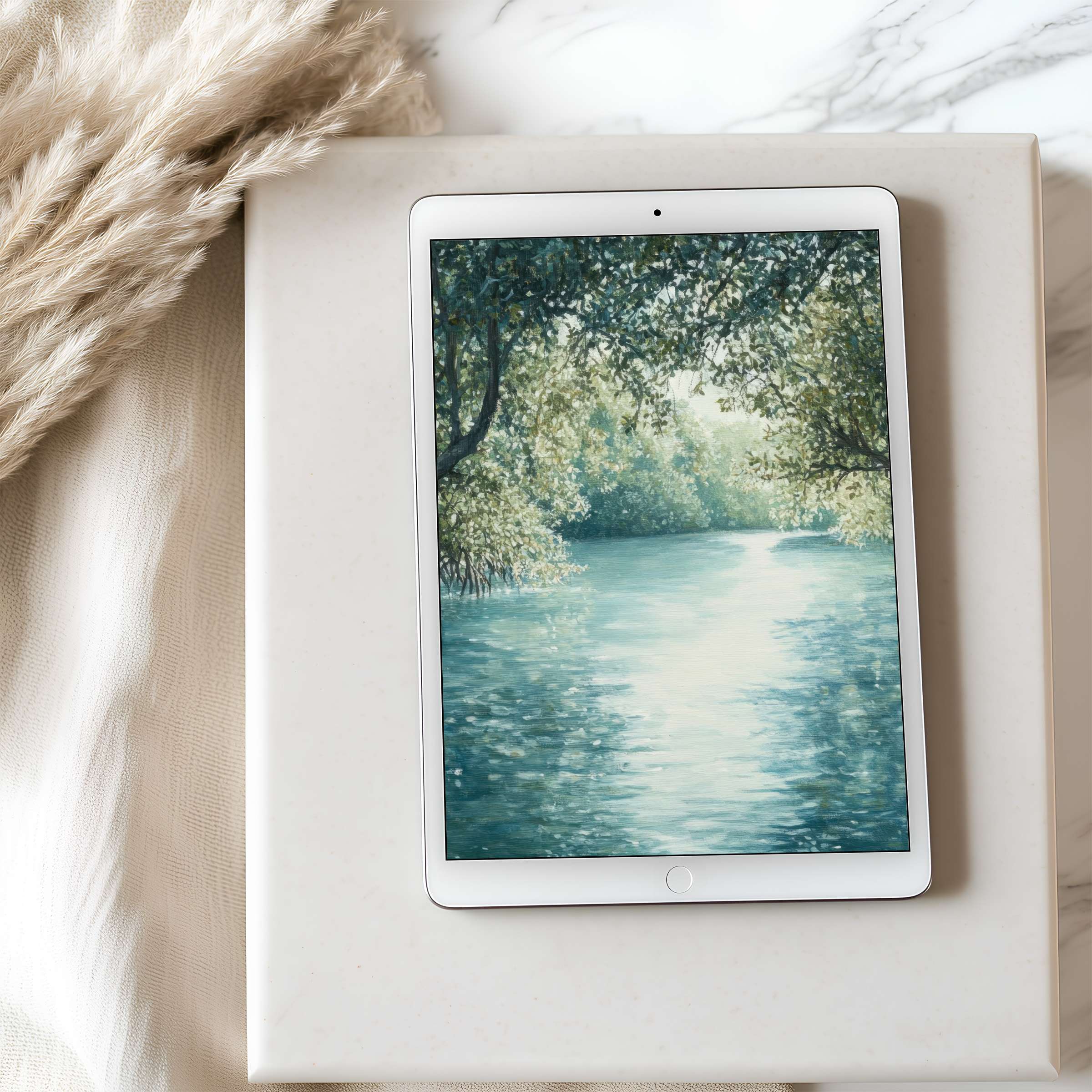 Elegant tablet wallpaper featuring a serene river landscape in calming greens and blues perfect for iPad or Android digital download