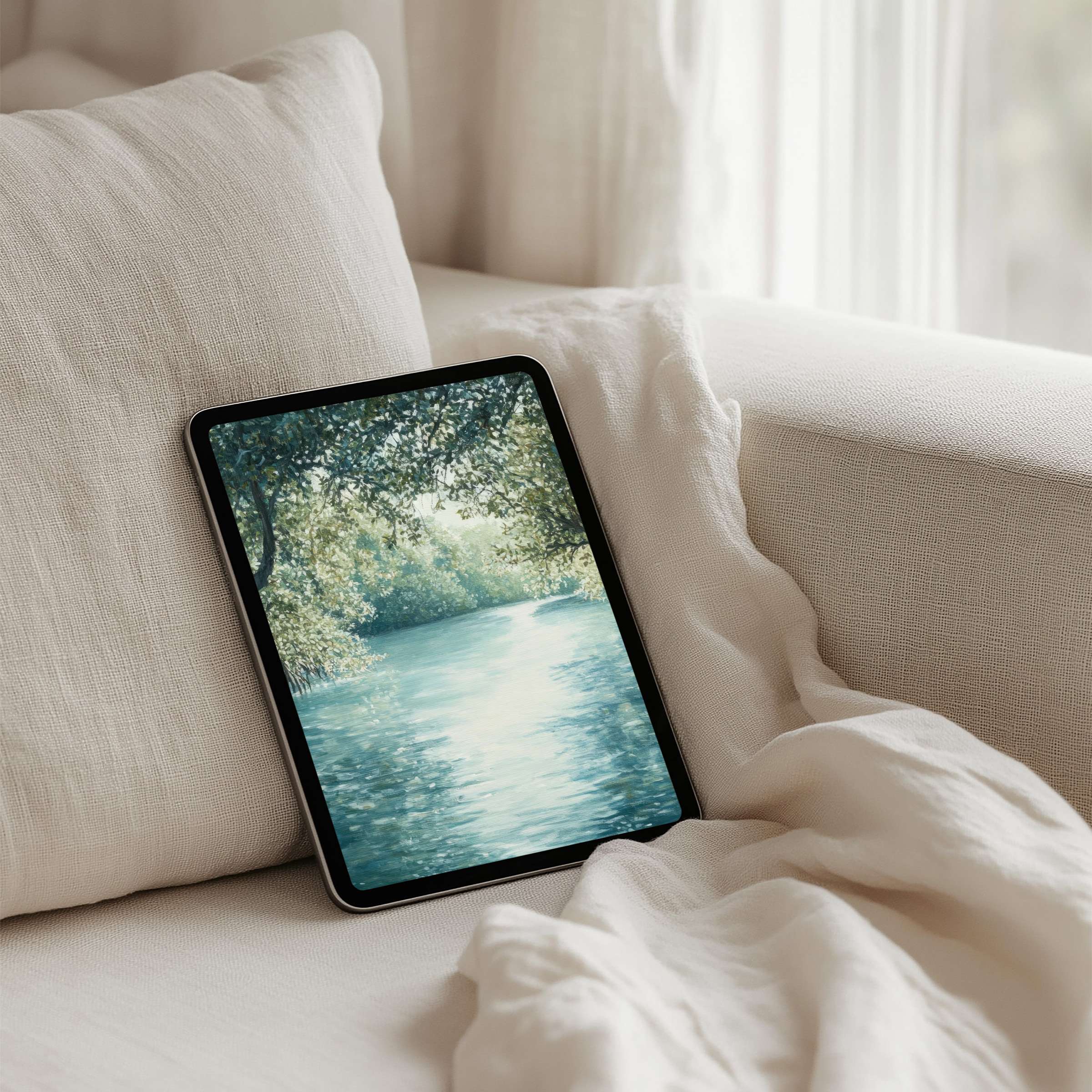 Serene iPad background featuring a tranquil river and lush trees offers instant download for tablet users seeking peaceful elegance