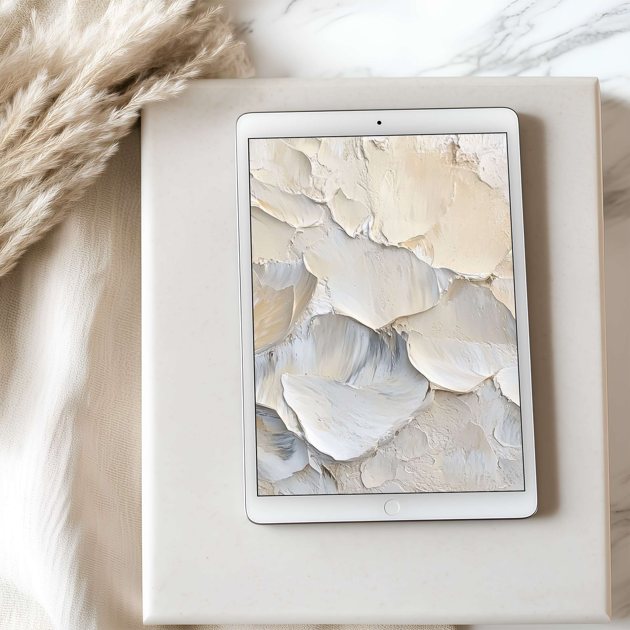 Elegant tablet wallpaper featuring soft, neutral abstract textures for iPad or Android; perfect digital download for calming spaces