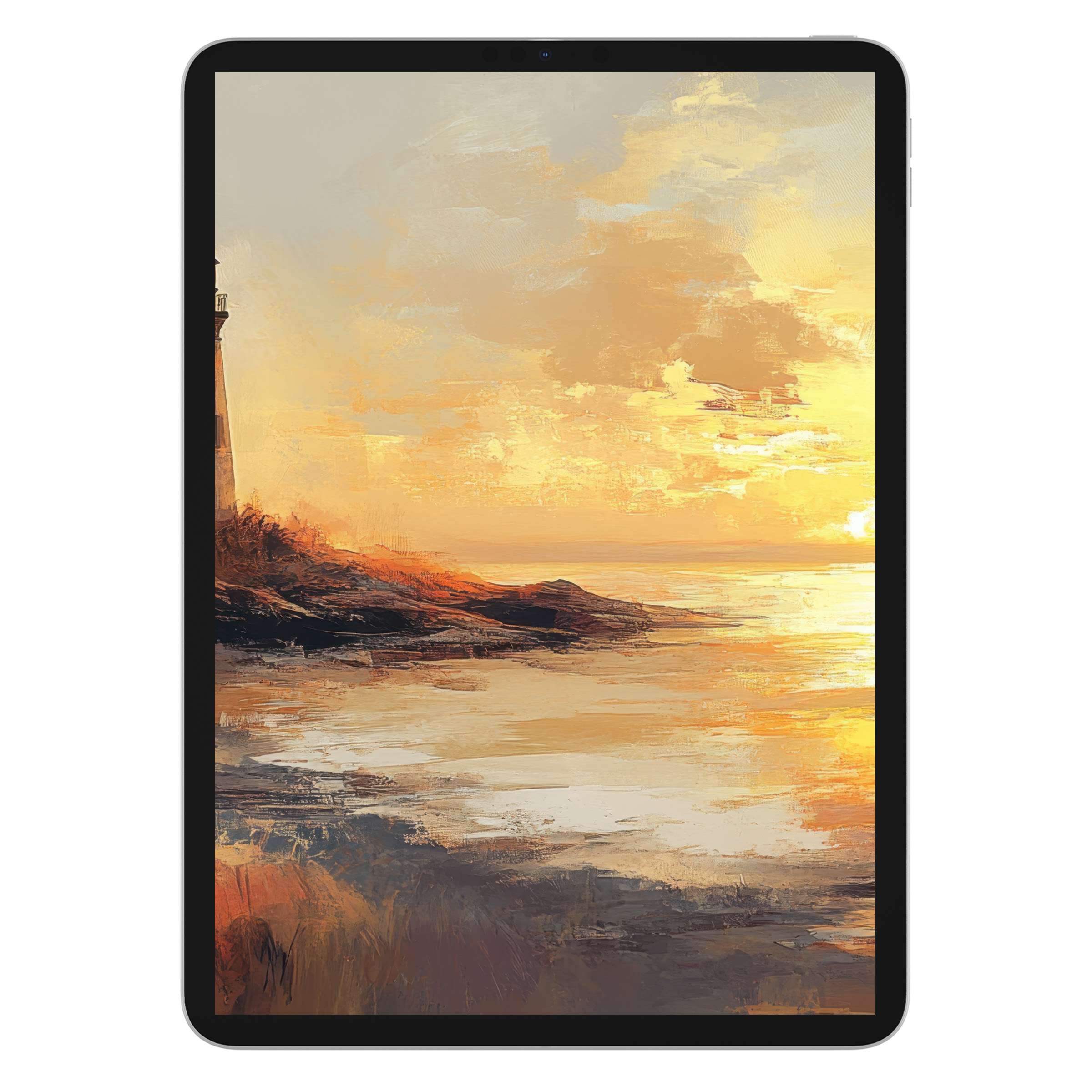 Coastal iPad wallpaper digital download showcasing a serene sunset with warm colors and a lighthouse perfect for tablet background use