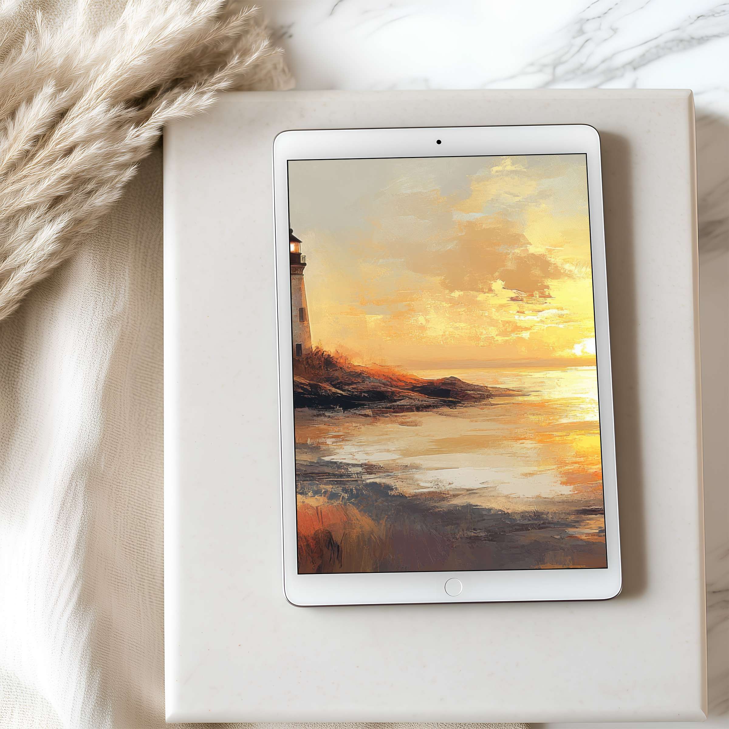 Tablet wallpaper with serene lighthouse sunset painting, perfect for iPad and Android tablets, offering high resolution and calming elegance