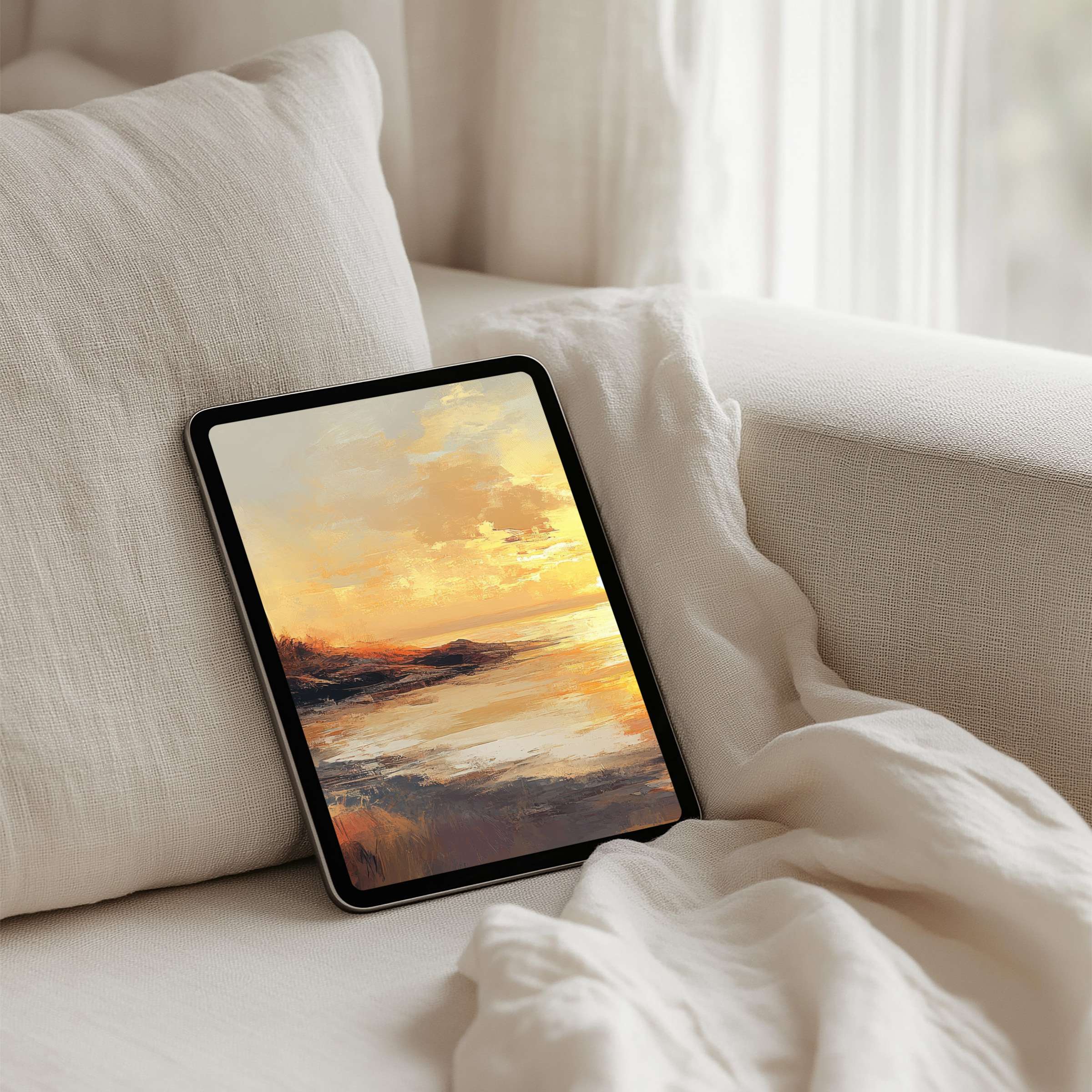 Tranquil sunset painting as iPad background on a plush sofa evokes calm and elegance for instant download on any tablet